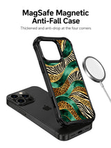 PhoneCasing iPhone 15 pro max casing close up, showing detailed emerald leopard and gold river print texture, UV-printed artistic back cover.