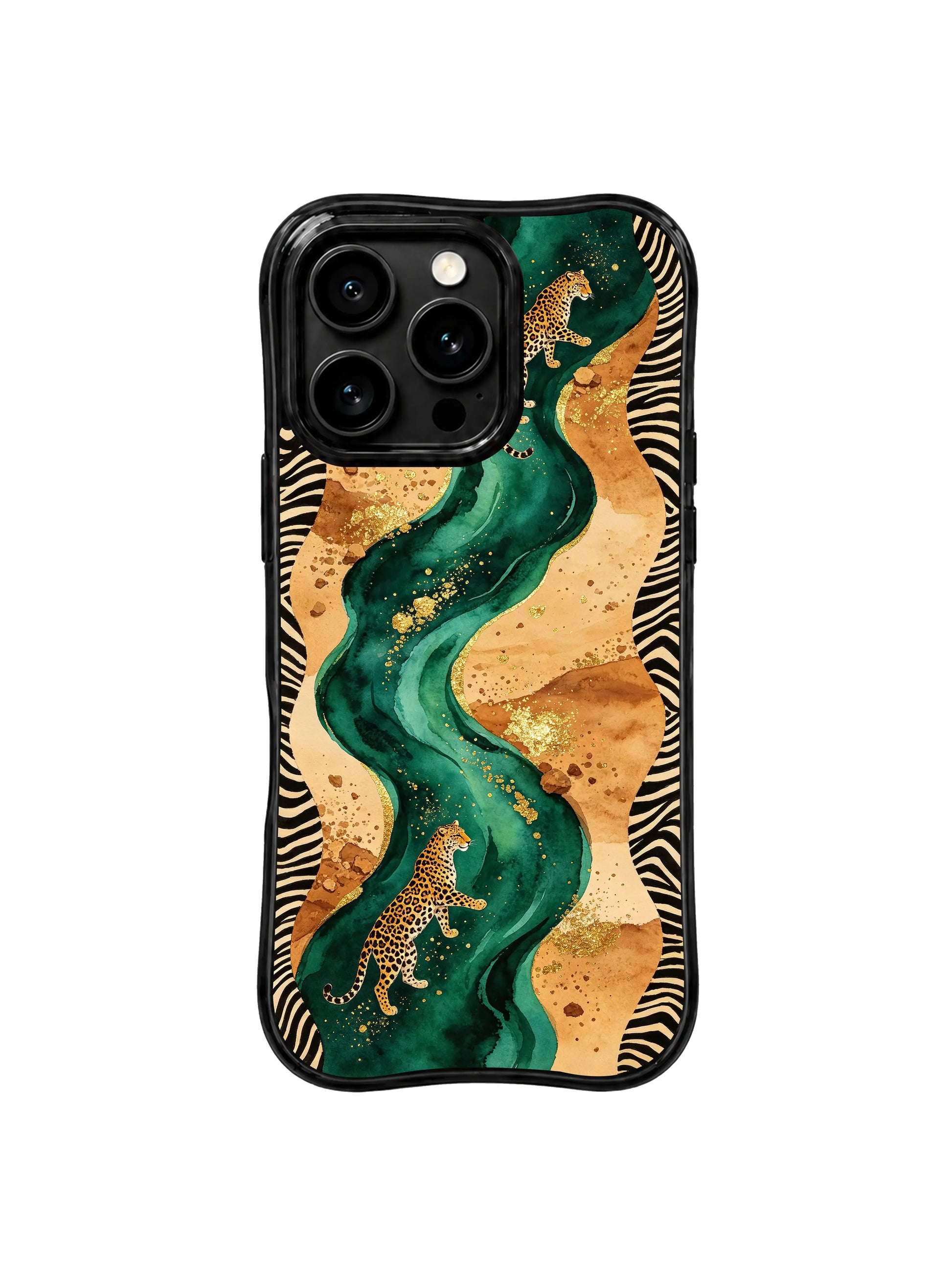 PhoneCasing iPhone 15 pro max casing in rich deep green and soft gold leopard print, premium protective phone cover for calm elegant style.