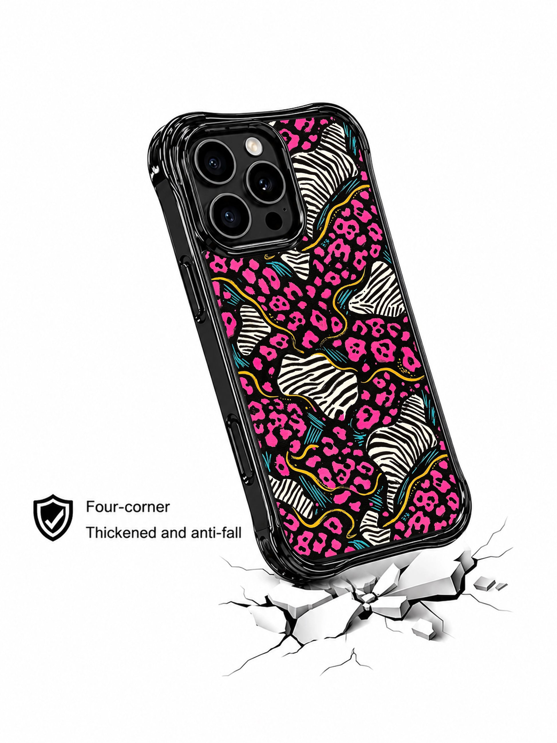 PhoneCasing iPhone 15 pro max casing close up, showing bright hot pink leopard spot print detail, fade-resistant pop art back cover.