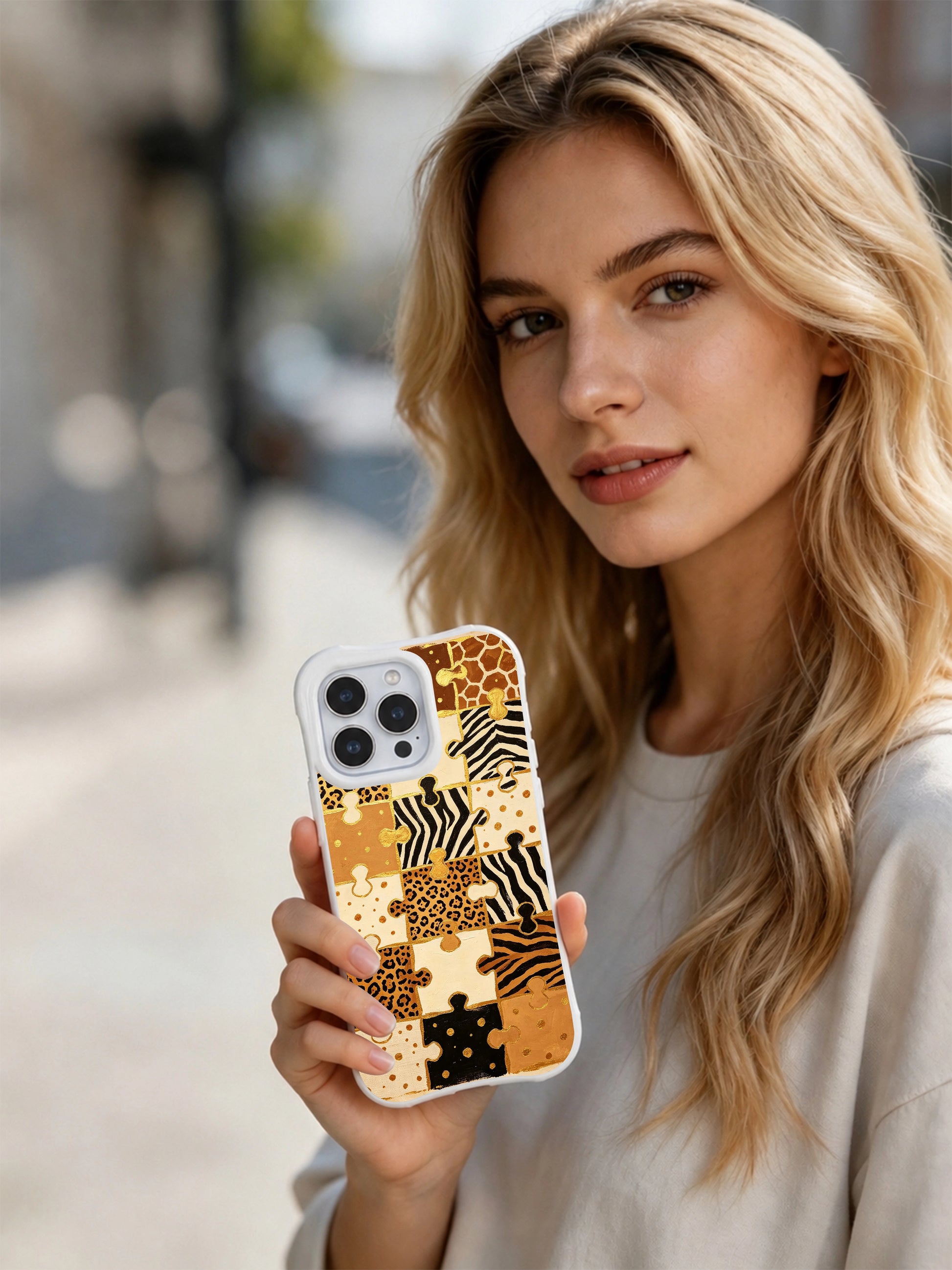 PhoneCasing iPhone 15 pro max casing with non-slip warm matte finish, vintage gold sand puzzle mark print, secure grip protective phone case.
