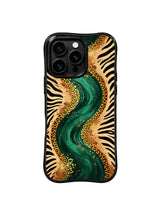 PhoneCasing iPhone 15 pro max casing close up, showing rich deep oasis green focal point detail, gallery grade UV-printed back cover.