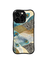 PhoneCasing iPhone 15 pro max casing close up, showing iridescent teal peacock eye feather detail, UV-printed artistic back cover.