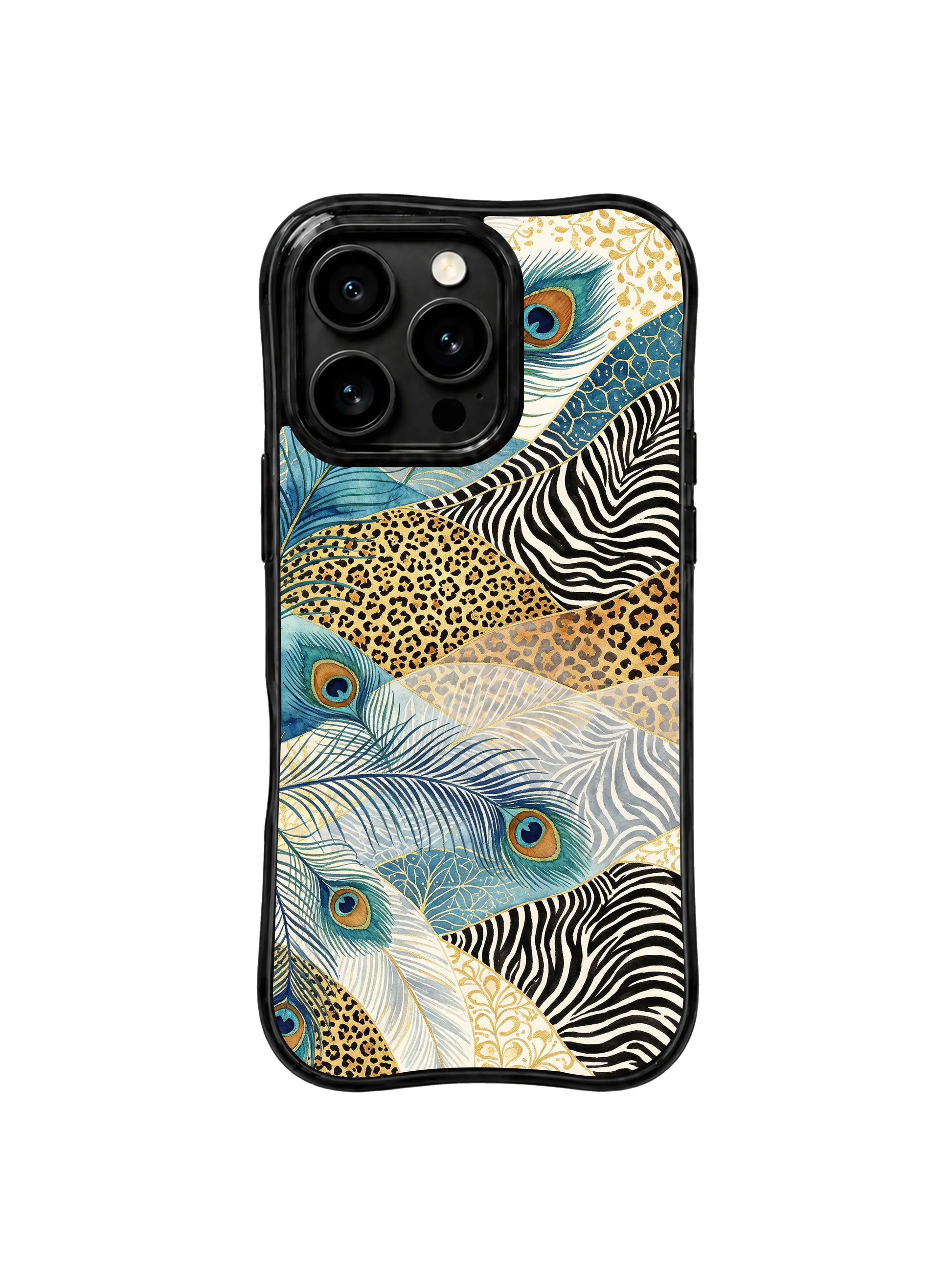 PhoneCasing iPhone 15 pro max casing close up, showing iridescent teal peacock eye feather detail, fade-resistant artistic back cover.