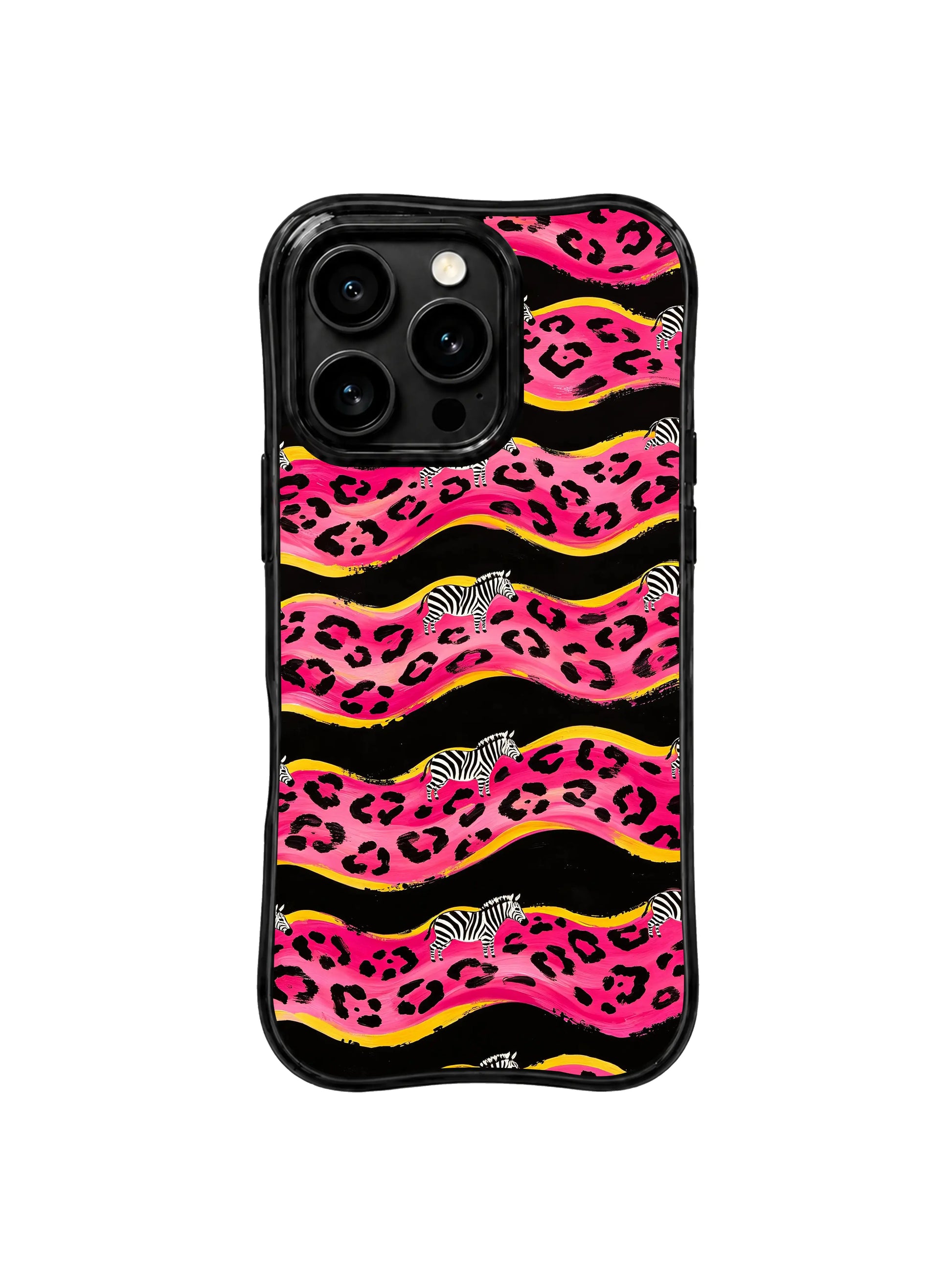 PhoneCasing iPhone 15 pro max casing close up, showing vivid rose pink leopard spot like night blooming wild rose, fade-resistant romantic back cover.