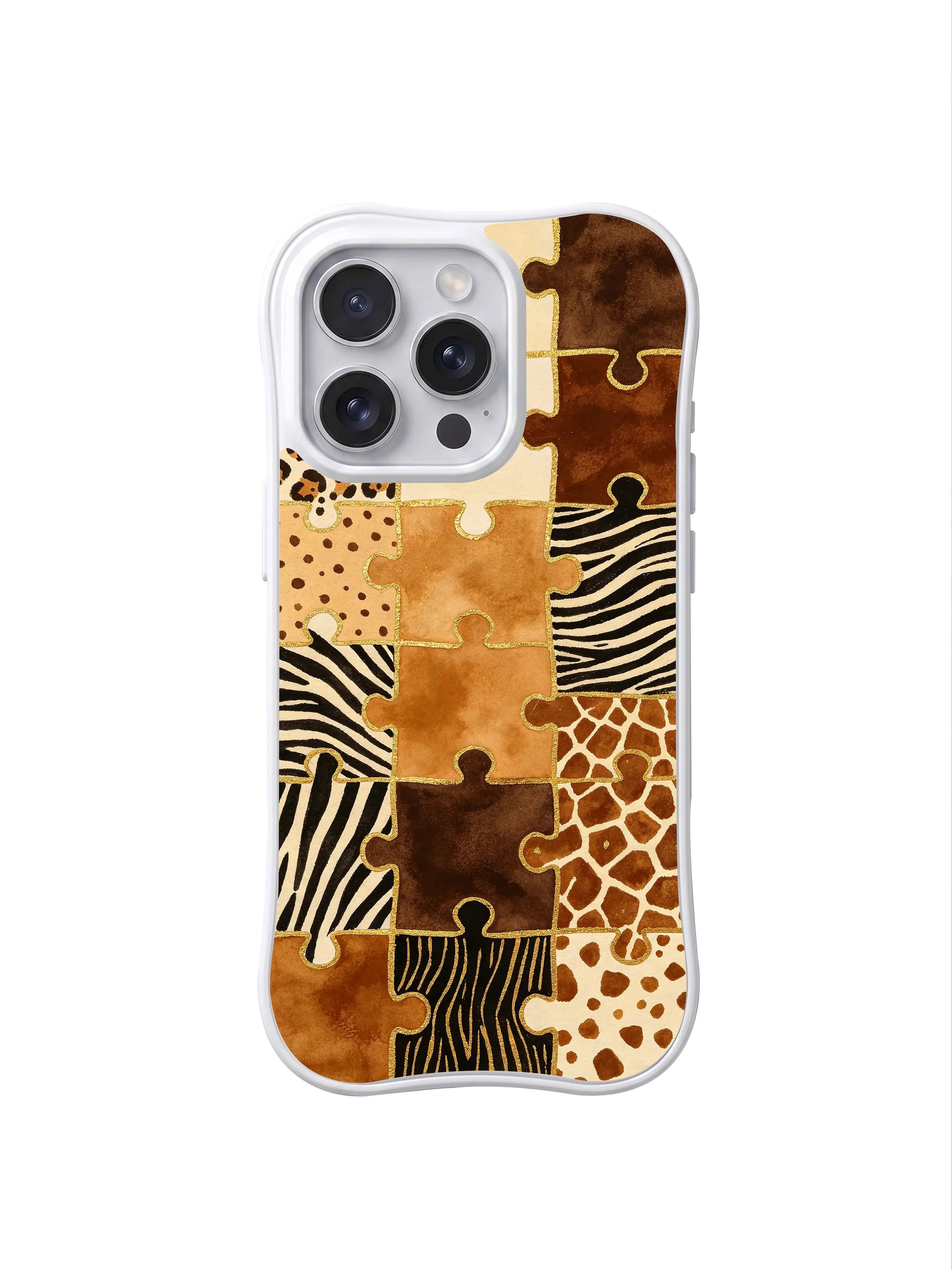 PhoneCasing iPhone 15 pro max casing close up, showing small puzzle pieces with hidden animal mark detail, vintage tapestry fade-resistant back cover.