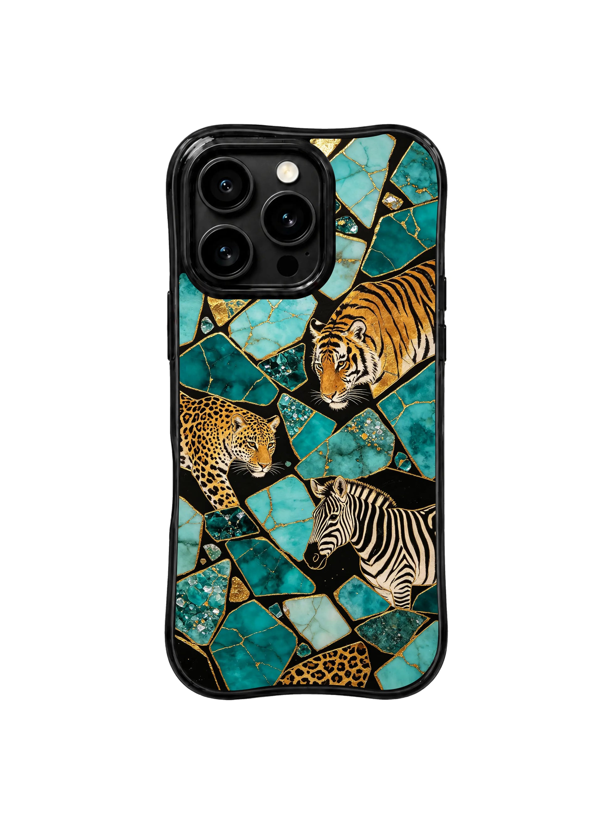 PhoneCasing iPhone 15 pro max casing close up, showing rich turquoise gemstone color block detail, fade-resistant bohemian back cover.