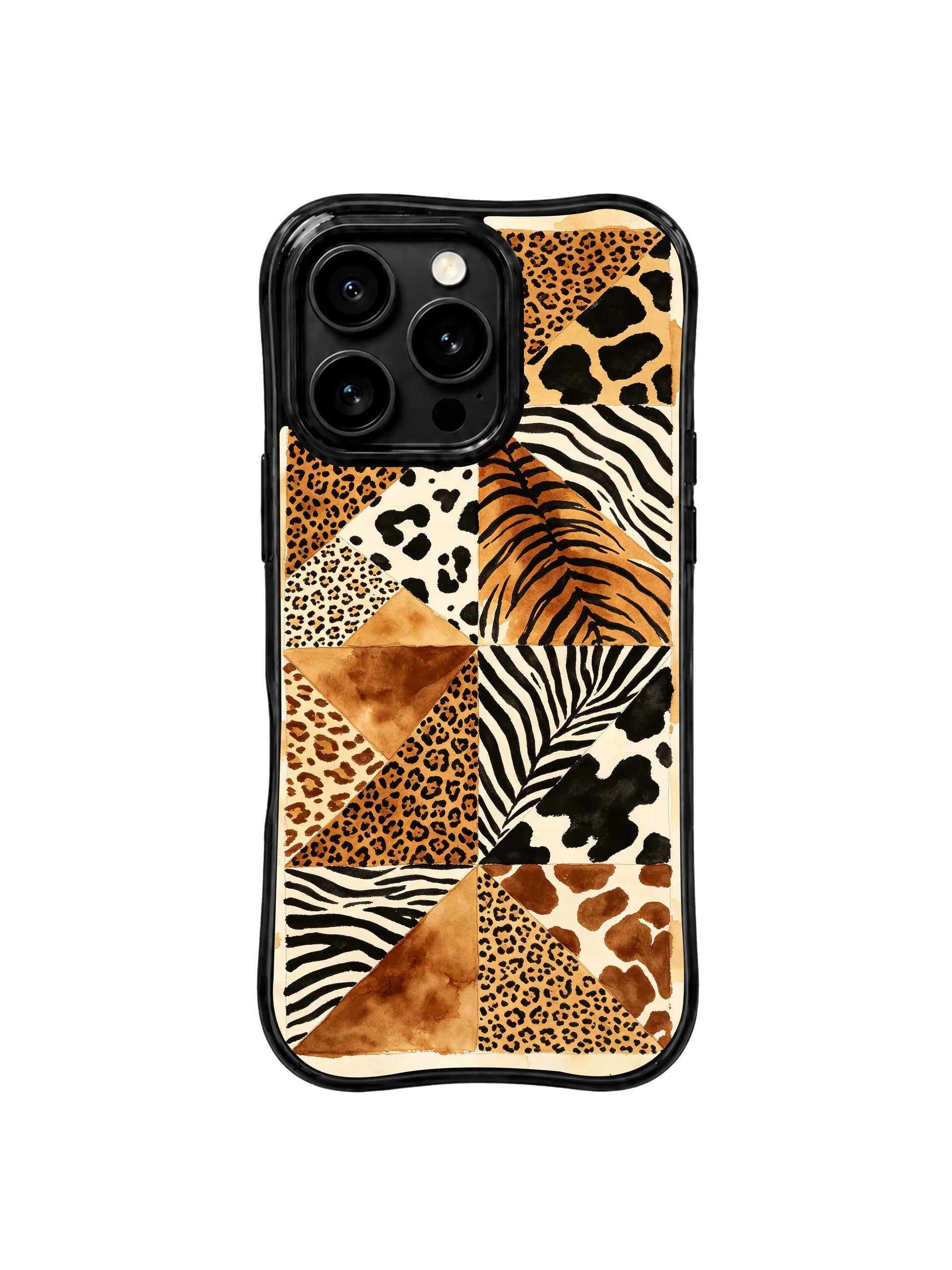 PhoneCasing iPhone 15 pro max casing in warm neutral leopard patchwork print, premium protective phone cover for everyday confidence.