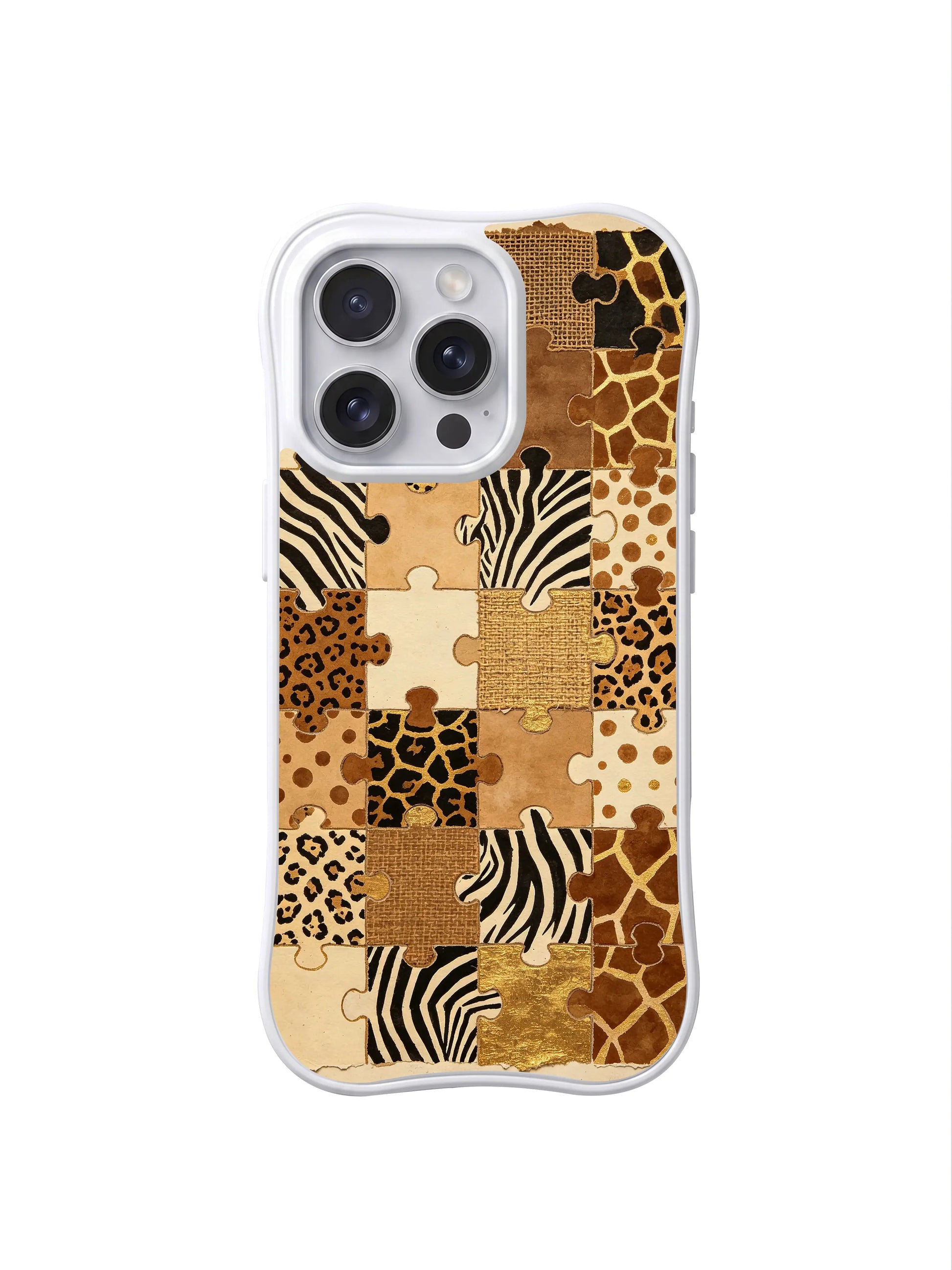 PhoneCasing iPhone 15 pro max casing in warm neutral gold brown black puzzle print, premium protective phone cover for vintage quiet luxury style.