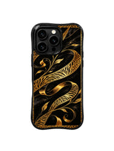 PhoneCasing iPhone 15 pro max cover in formal lifestyle setting, showing sleek black gold ribbon print, black-tie ready luxury art phone case.