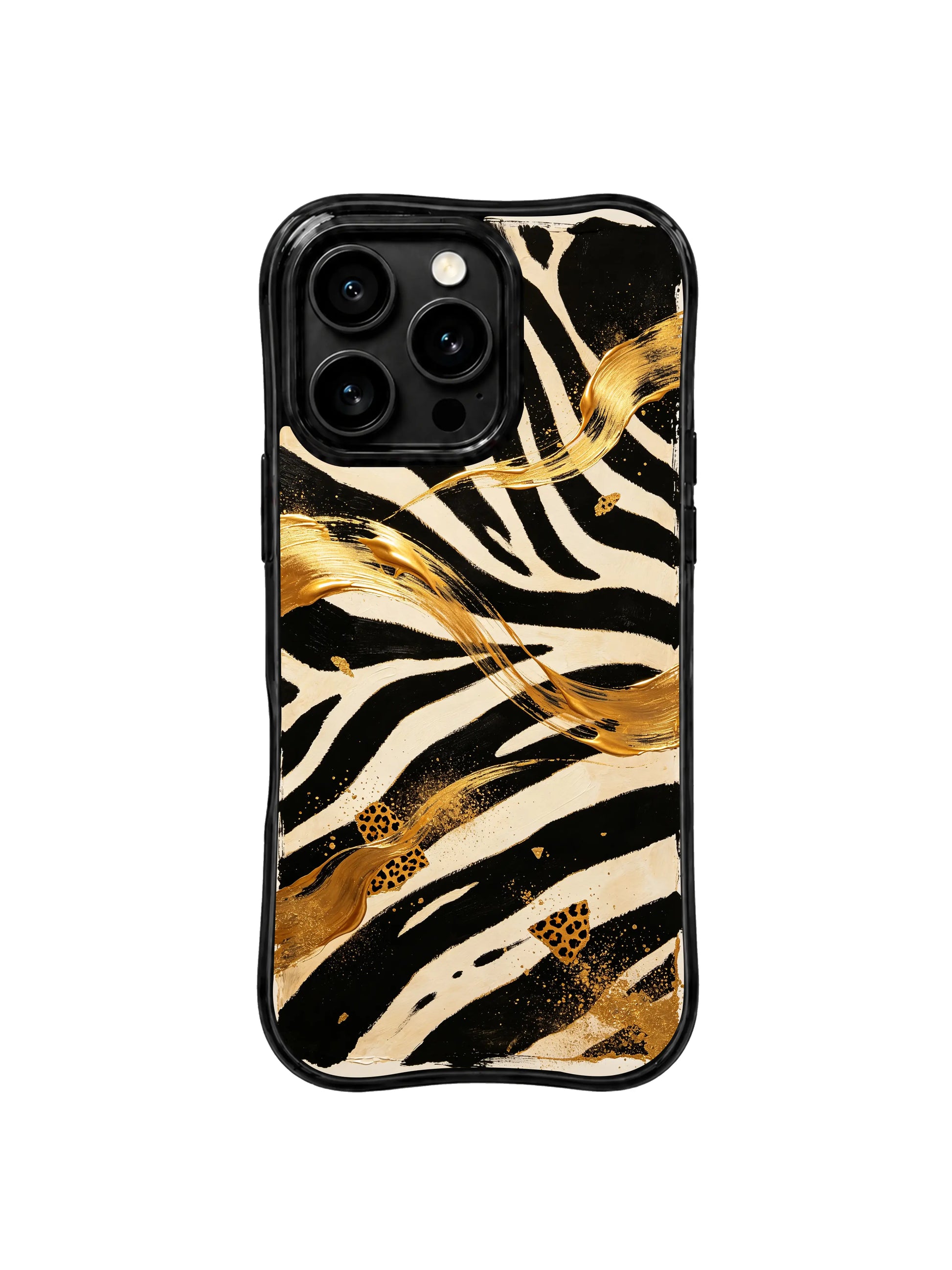 PhoneCasing iPhone 15 pro max cover in evening lifestyle setting, showing elegant gold zebra night print, timeless luxury phone case.