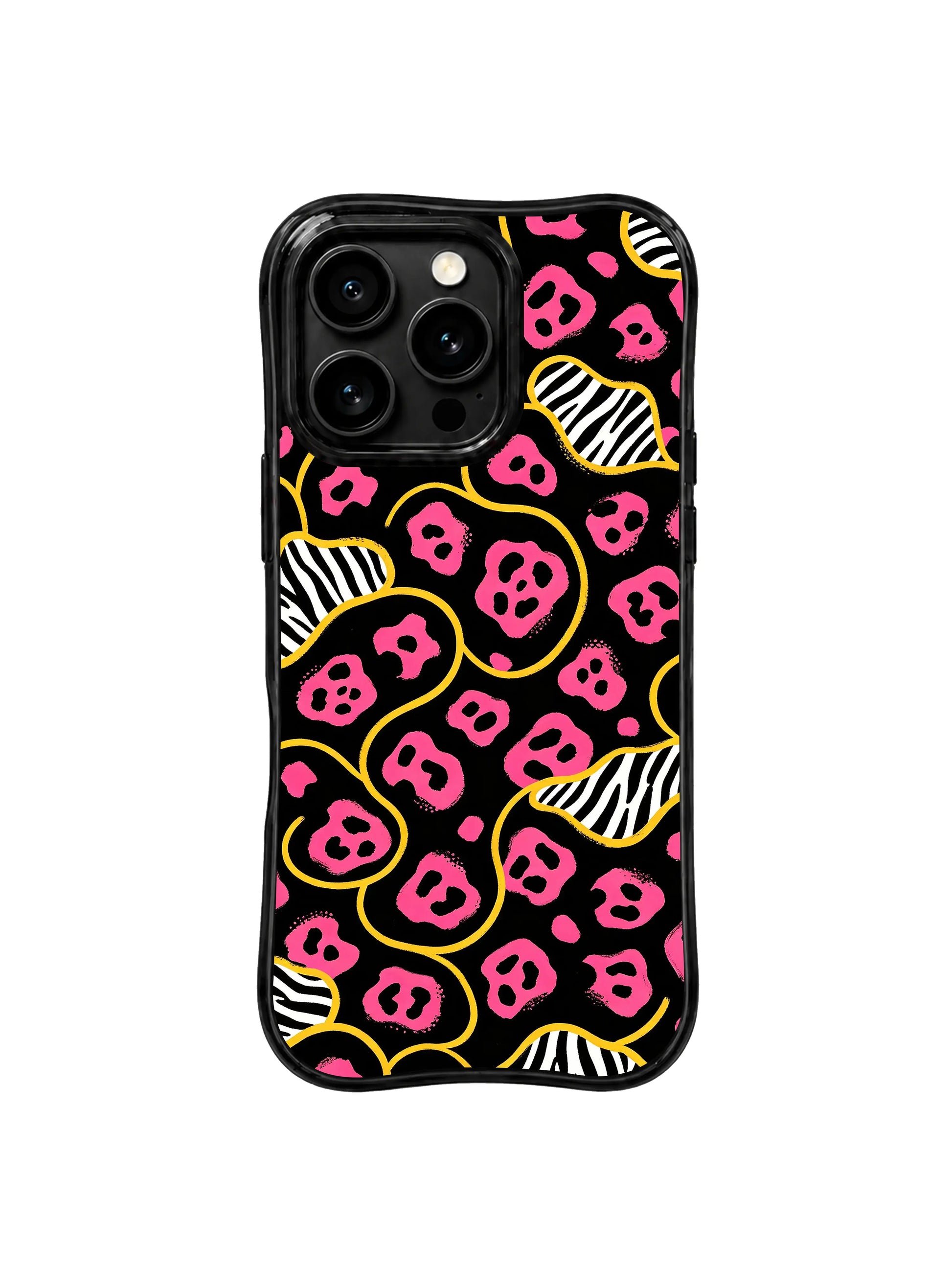 PhoneCasing iPhone 15 pro max cover in low night light, showing dramatic contrast between deep black and bright rose pink leopard, romantic fun phone case.