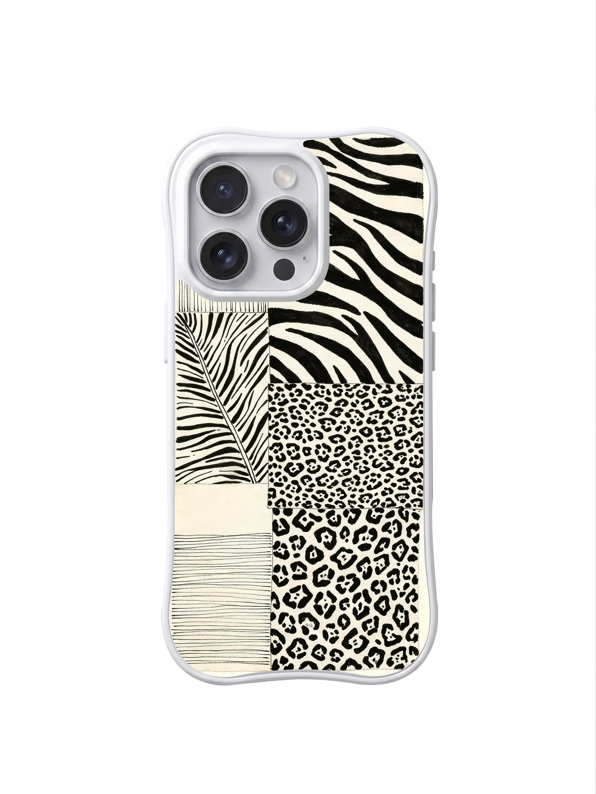 PhoneCasing premium iPhone 15 pro cover compatible with iPhone 15 pro max, held in hand showing sharp black white beast order design, non-slip minimalist luxury phone casing.