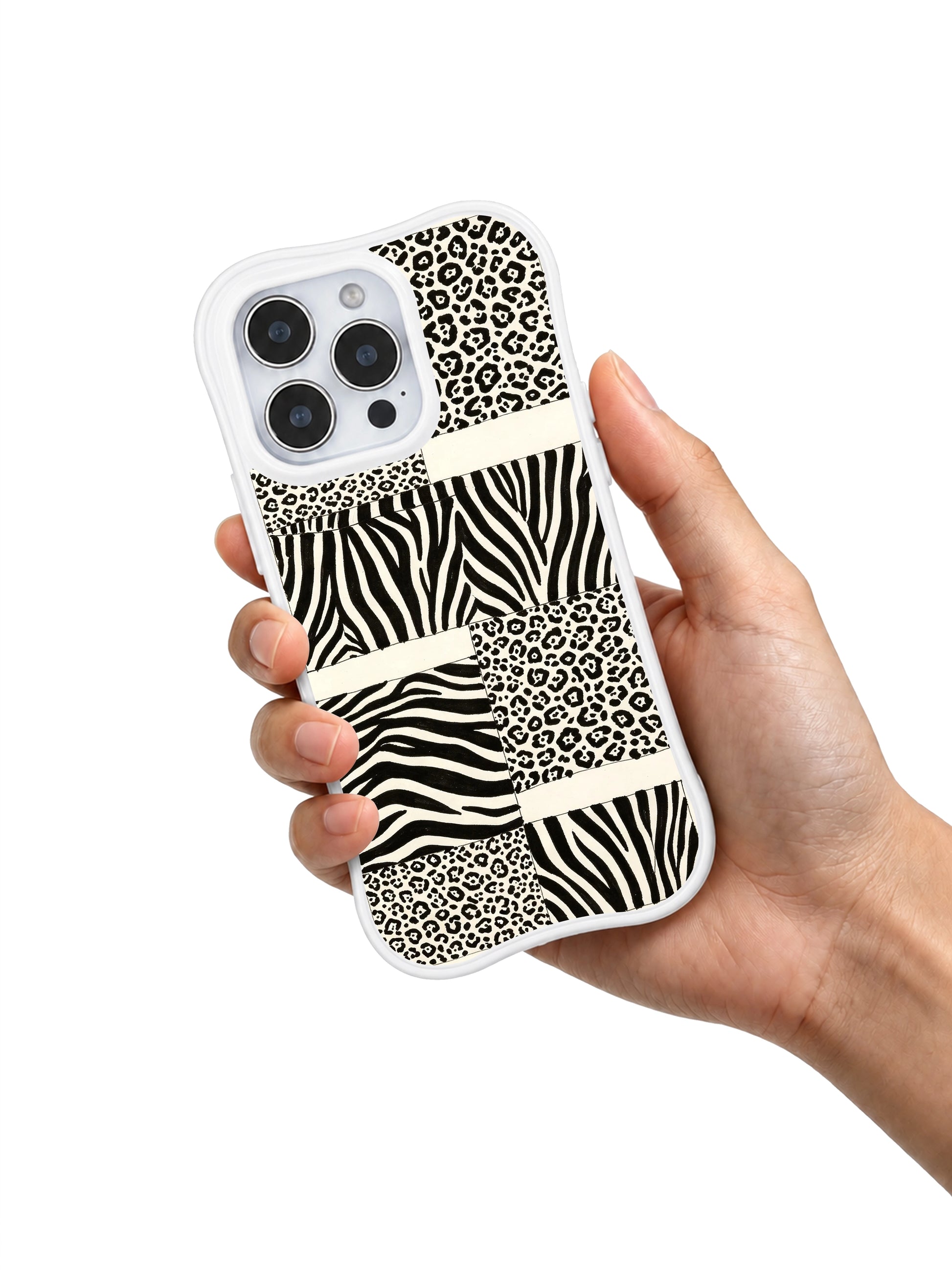 PhoneCasing iPhone 15 pro max cover in work commute lifestyle setting, showing sharp black white beast order print, everyday modern art phone case.