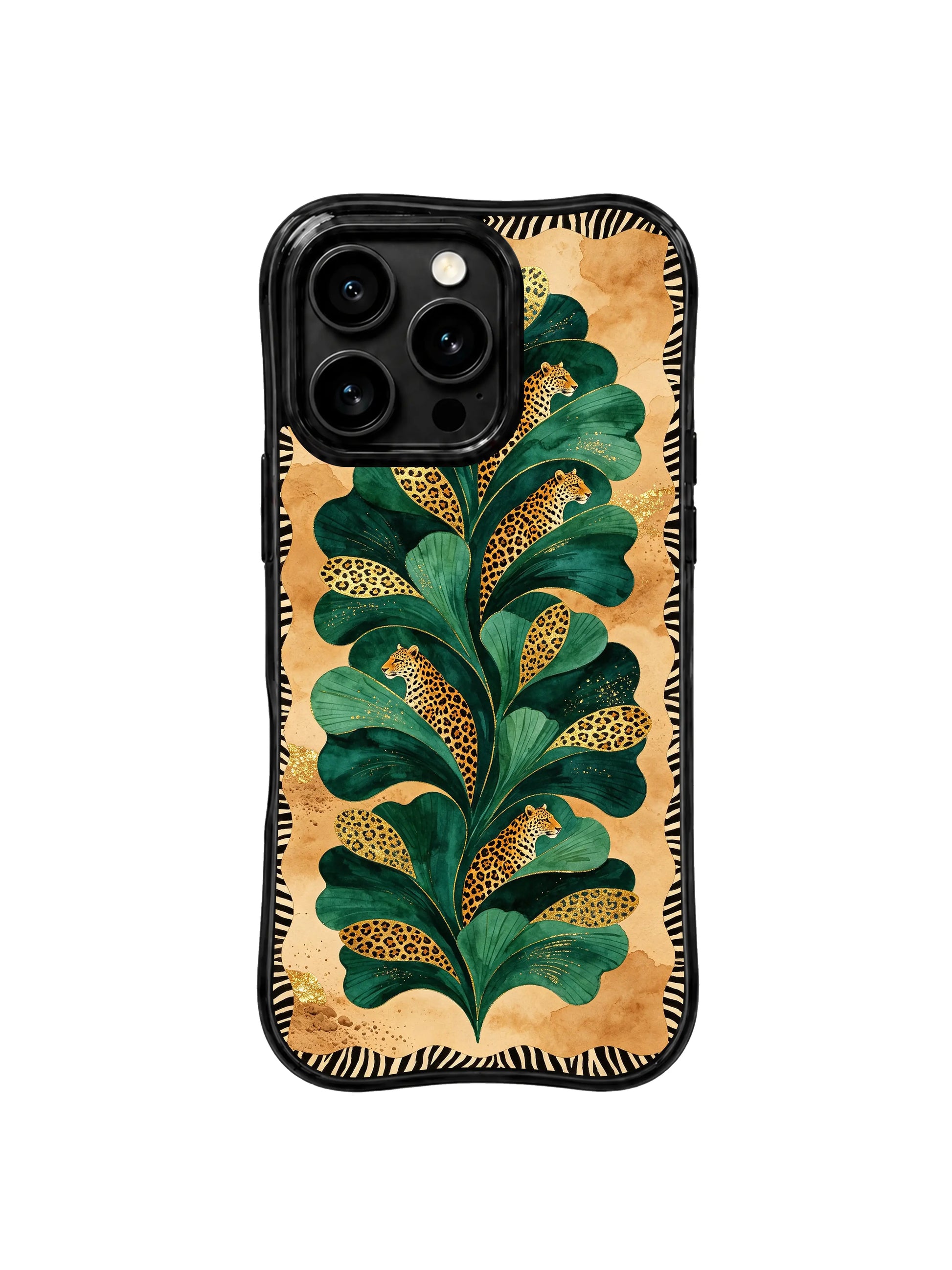 PhoneCasing iPhone 15 pro max cover in natural light, showing rich deep oasis green matte finish and soft leopard print, calm luxury phone case.