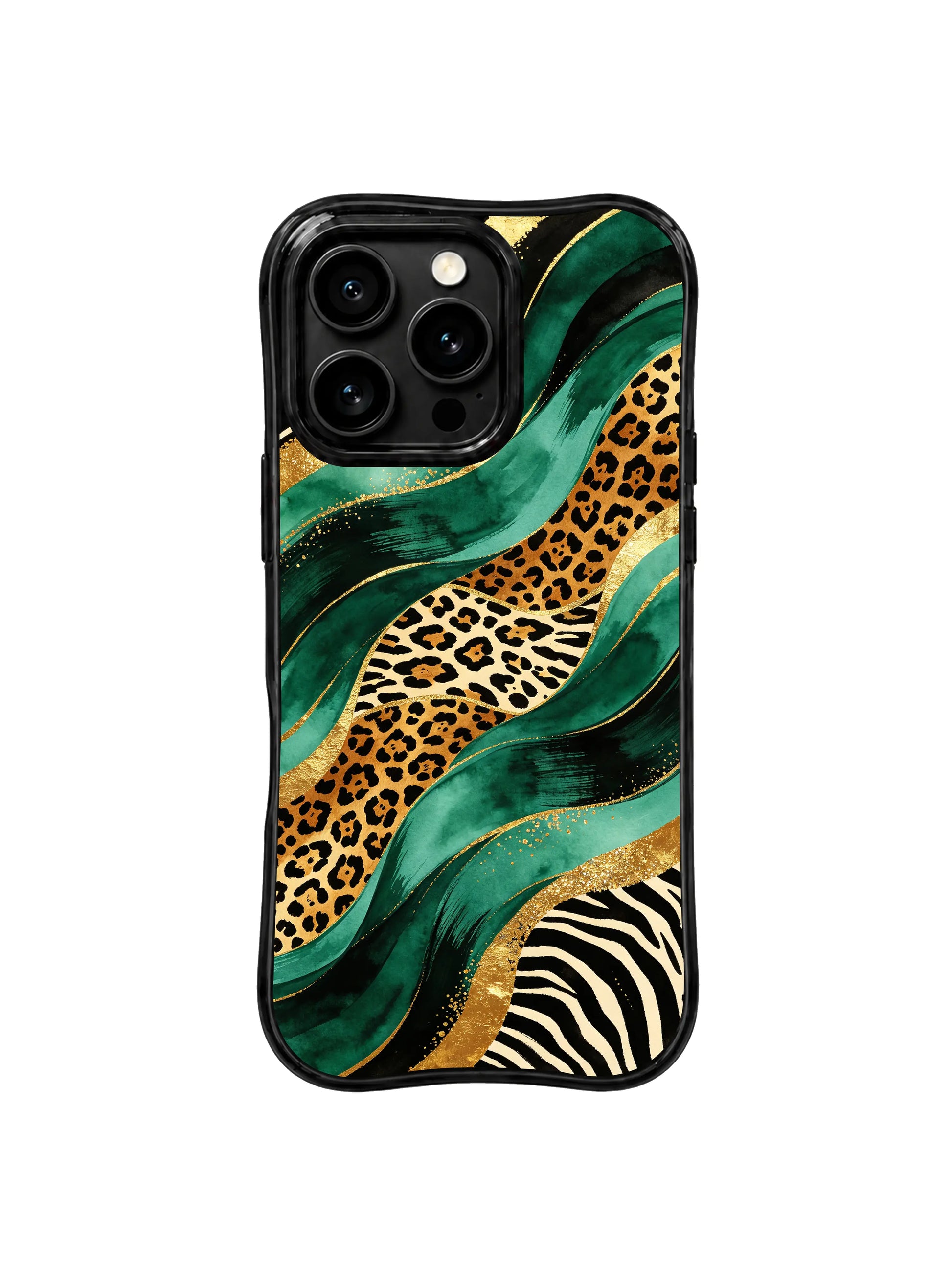PhoneCasing iPhone 15 pro max cover in lifestyle setting, showing elegant emerald leopard gold river print, everyday luxury phone case.