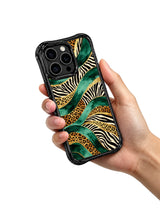 PhoneCasing premium iPhone 15 pro cover compatible with iPhone 15 pro max, held in hand showing elegant emerald leopard gold river design, non-slip luxury artistic phone casing.