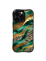 PhoneCasing iPhone 15 pro max cover in lifestyle setting, showing elegant emerald leopard gold river print, everyday luxury phone case.