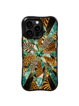 PhoneCasing iPhone 15 pro max cover in evening lifestyle setting, showing luxury wild gem facet print, event-ready art phone case.