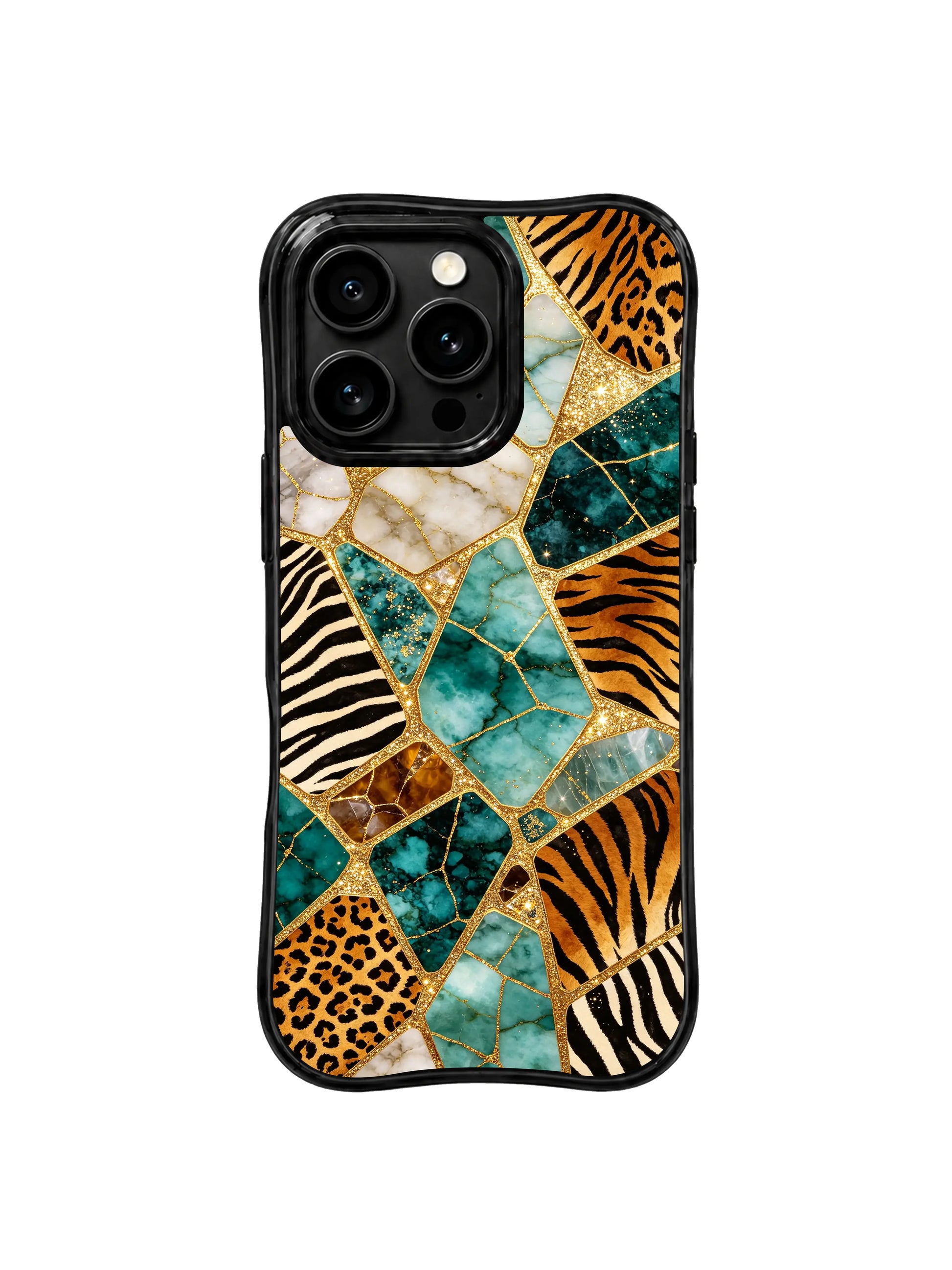 PhoneCasing iPhone 15 pro max cover in natural light, showing light-catching faceted gem edges and metallic gold glow, luxury art phone case.