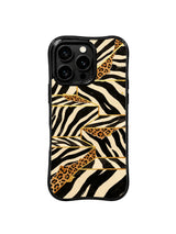 PhoneCasing iPhone 15 pro max cover in natural desk light, showing metallic gold foil line sheen between zebra staircase stripes, modern minimalist phone case.