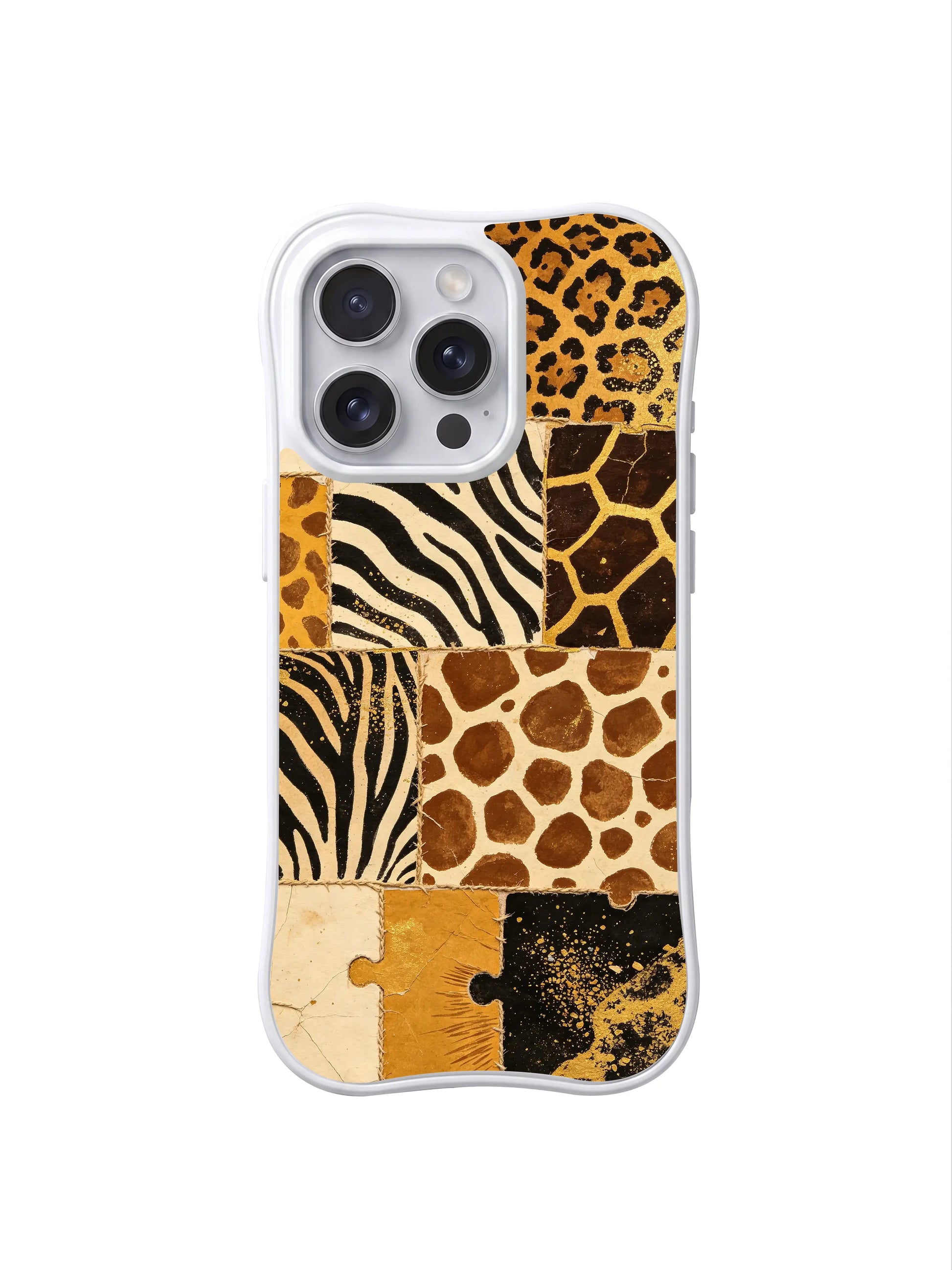 PhoneCasing premium iPhone 15 pro cover compatible with iPhone 15 pro max, held in hand showing warm gold sand puzzle mark design, non-slip vintage luxury phone casing.