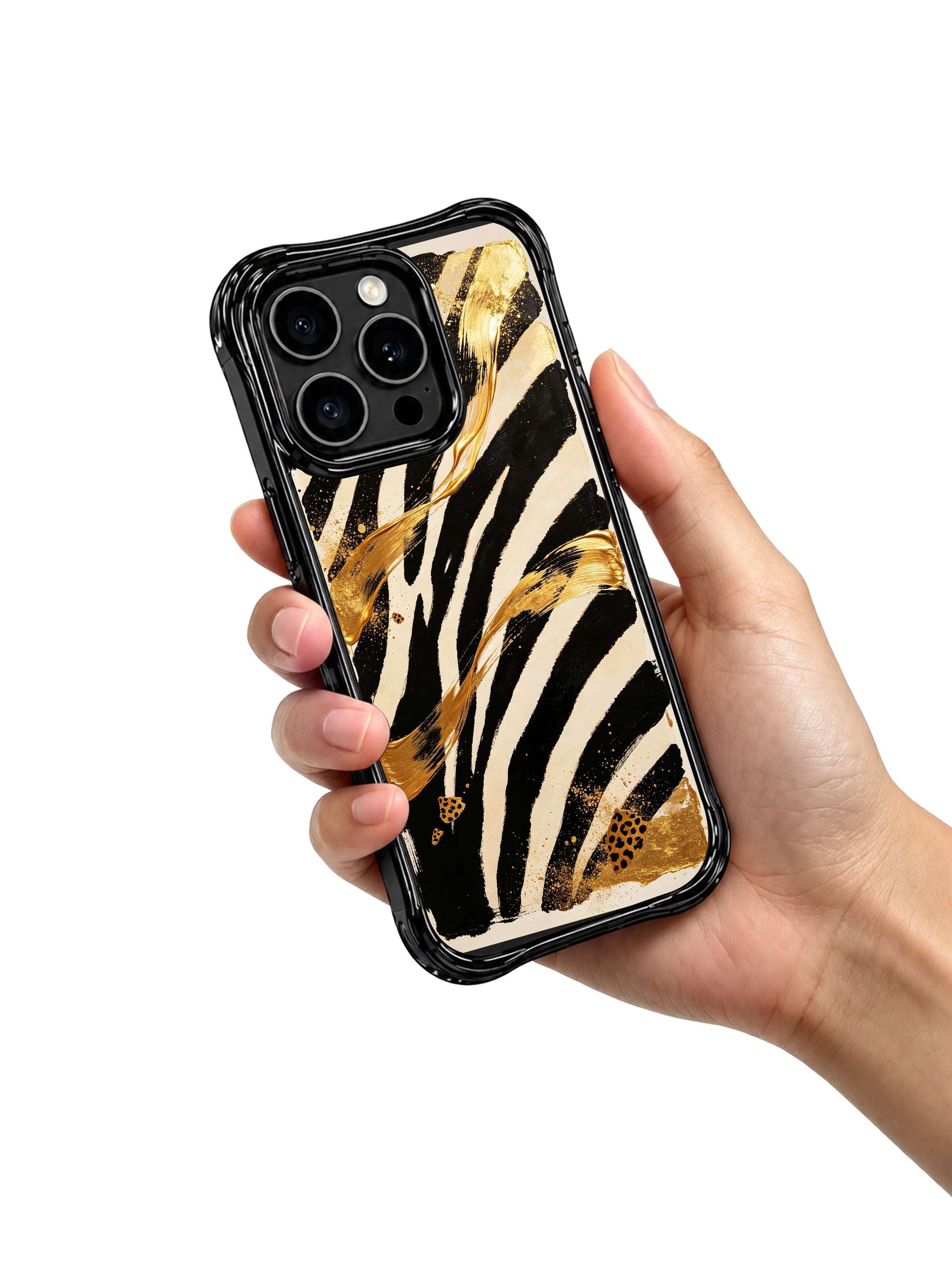 PhoneCasing premium iPhone 15 pro cover compatible with iPhone 15 pro max, held in hand showing sharp gold zebra night design, non-slip edgy phone casing.
