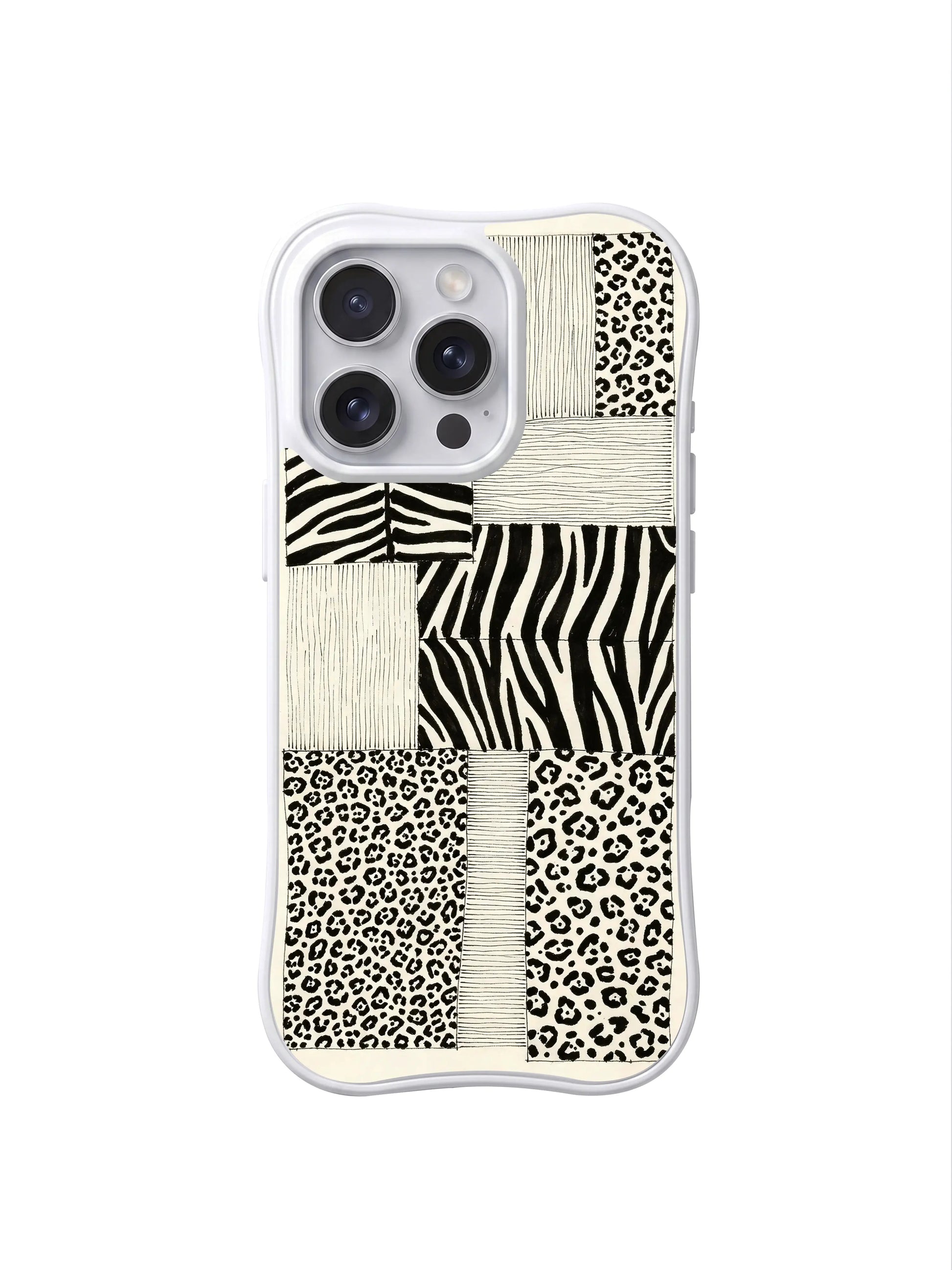 PhoneCasing iPhone 15 pro max cover in natural light, showing high contrast true black and crisp white patchwork, modern minimalist phone case.
