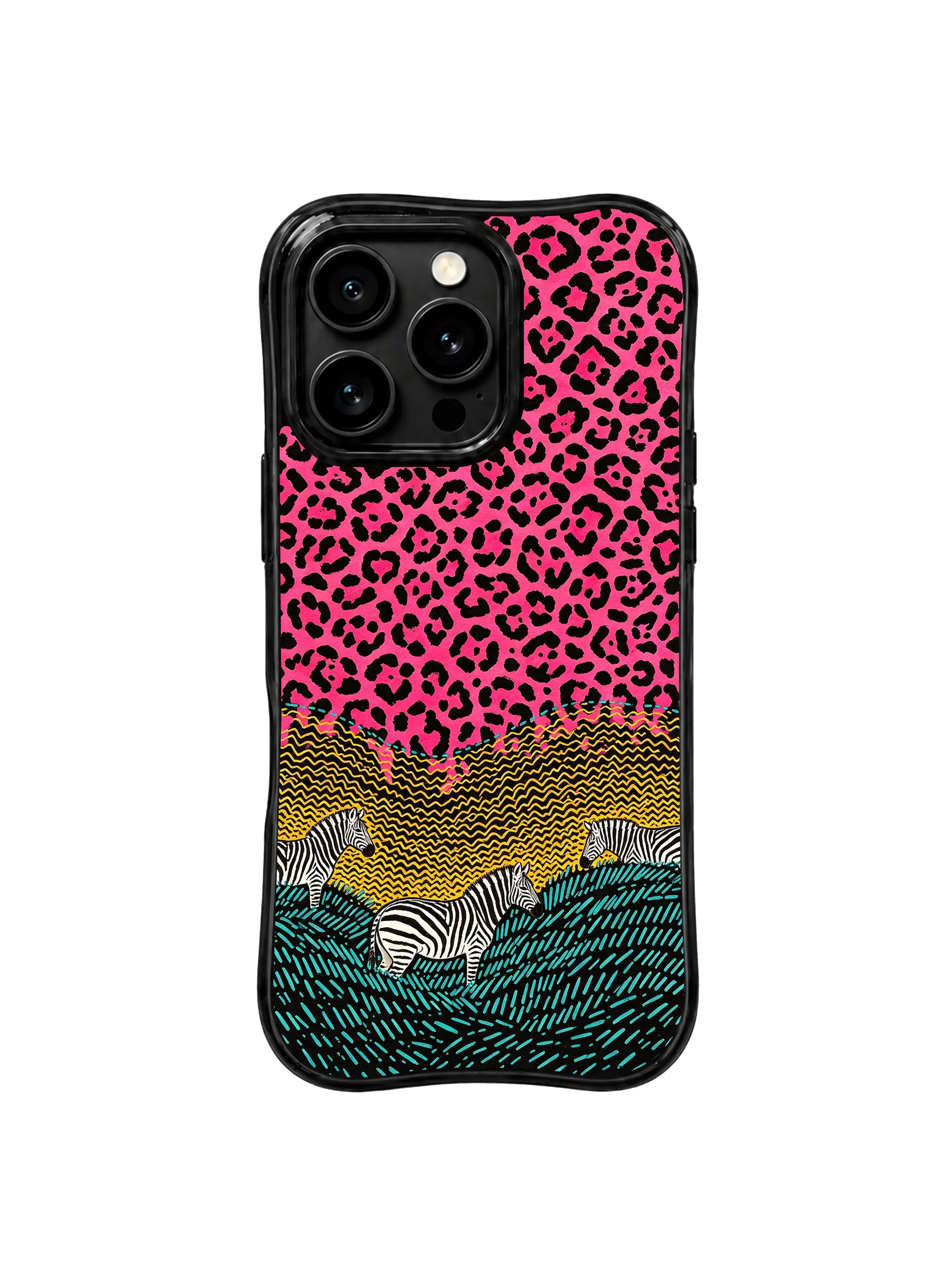 PhoneCasing iPhone 15 pro max cover in bright natural light, showing saturated hot pink and deep black pop art color, bold statement phone case.