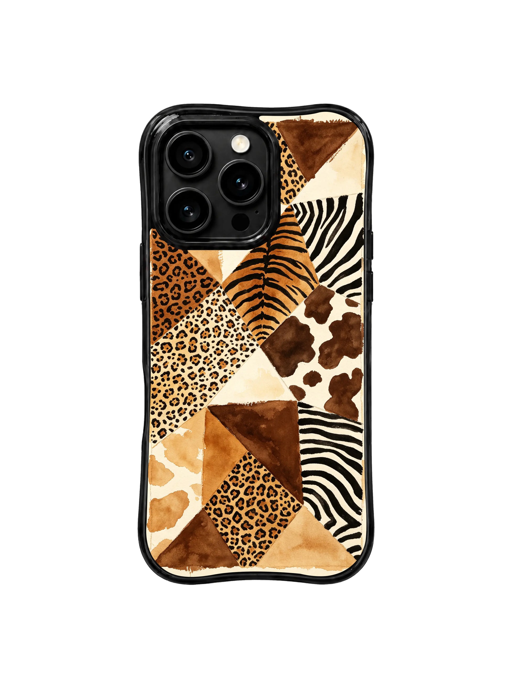 PhoneCasing iPhone 15 pro max cover in casual lifestyle setting, showing leopard patchwork print paired with denim, everyday wearable art phone case.