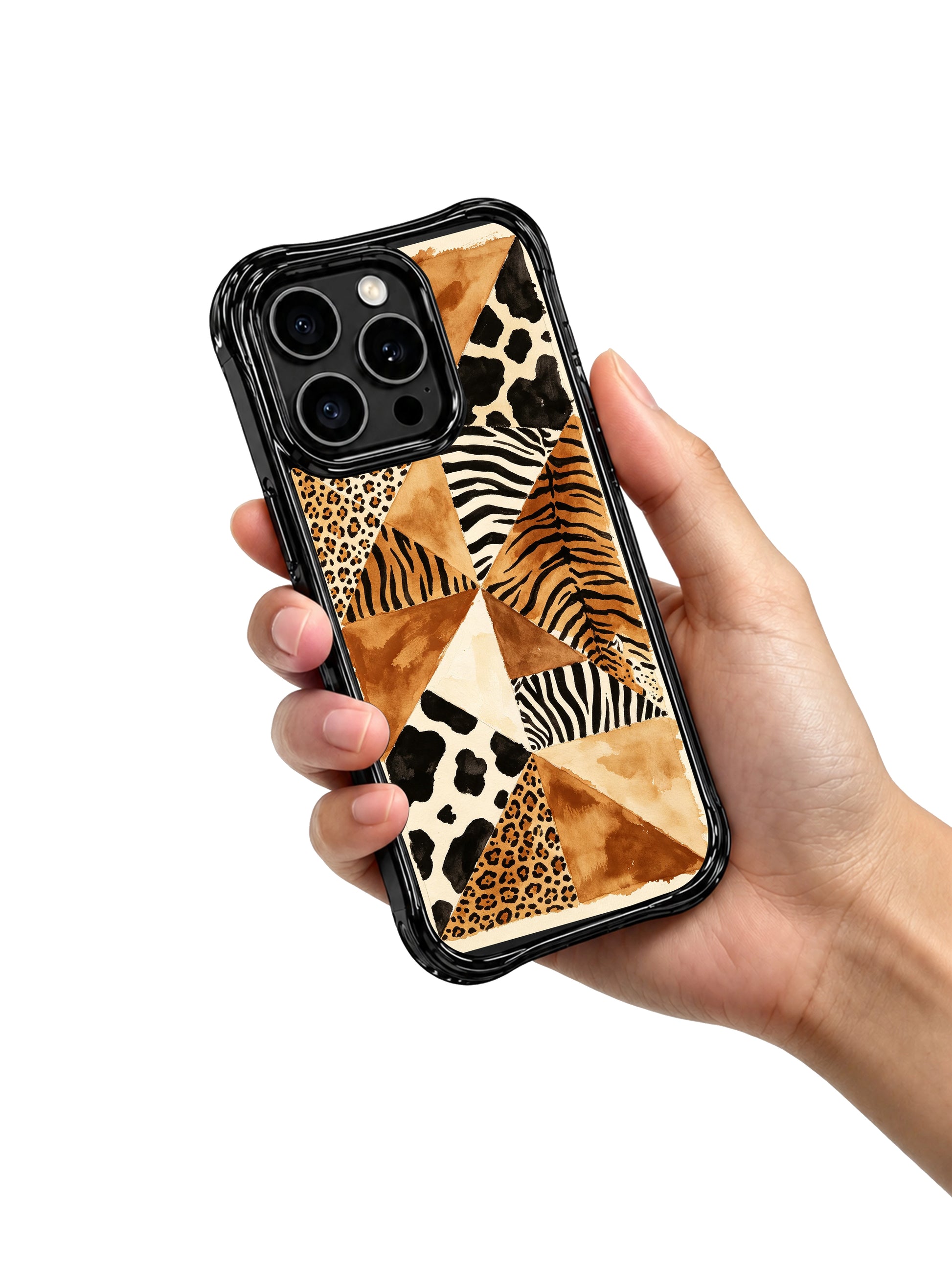 PhoneCasing premium iPhone 15 pro cover compatible with iPhone 15 pro max, held in hand showing textured leopard patchwork design, non-slip raw luxury phone casing.