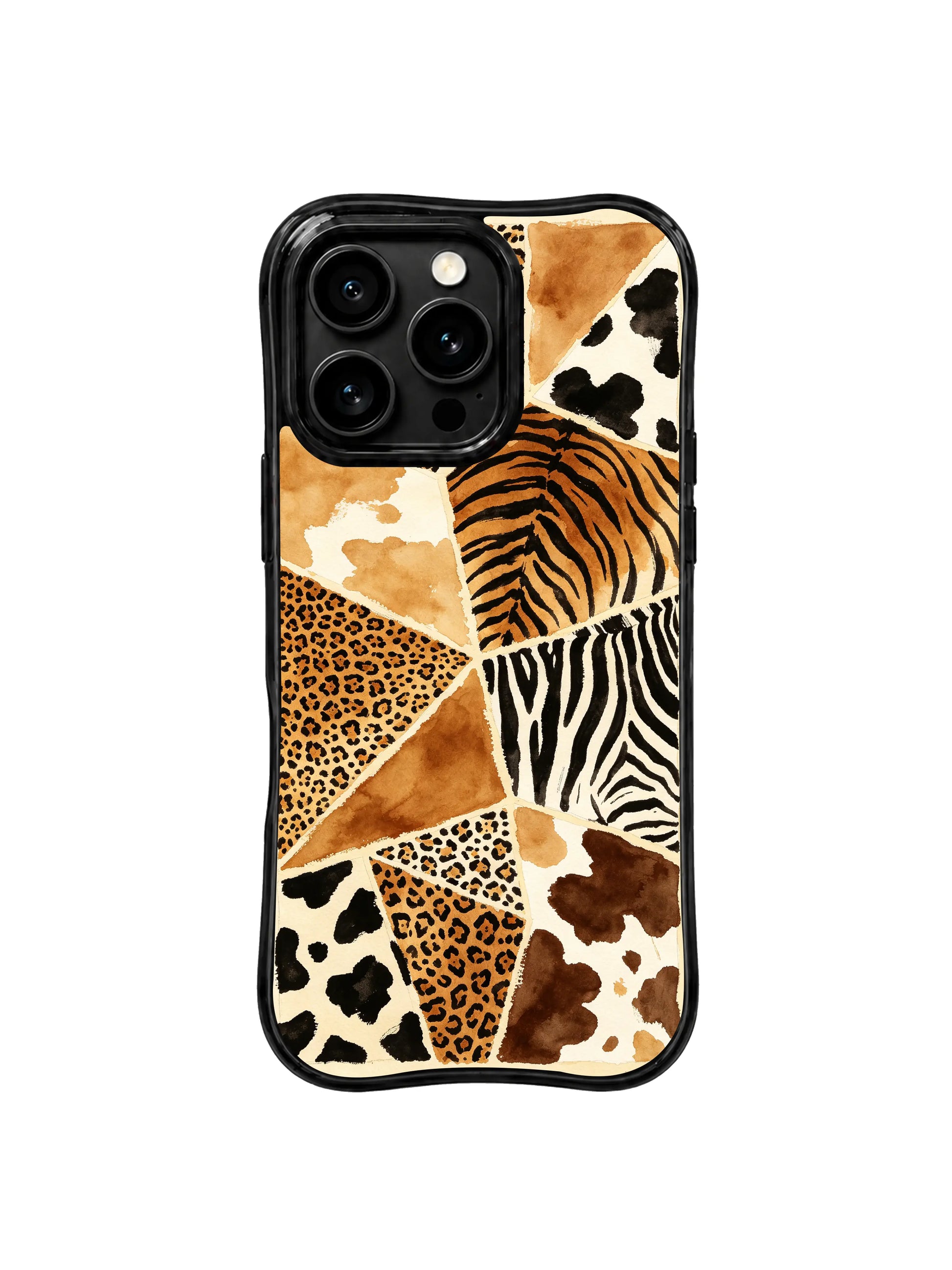PhoneCasing iPhone 15 pro max cover in natural light, showing layered leopard patchwork tonal depth, raw luxury everyday phone case.