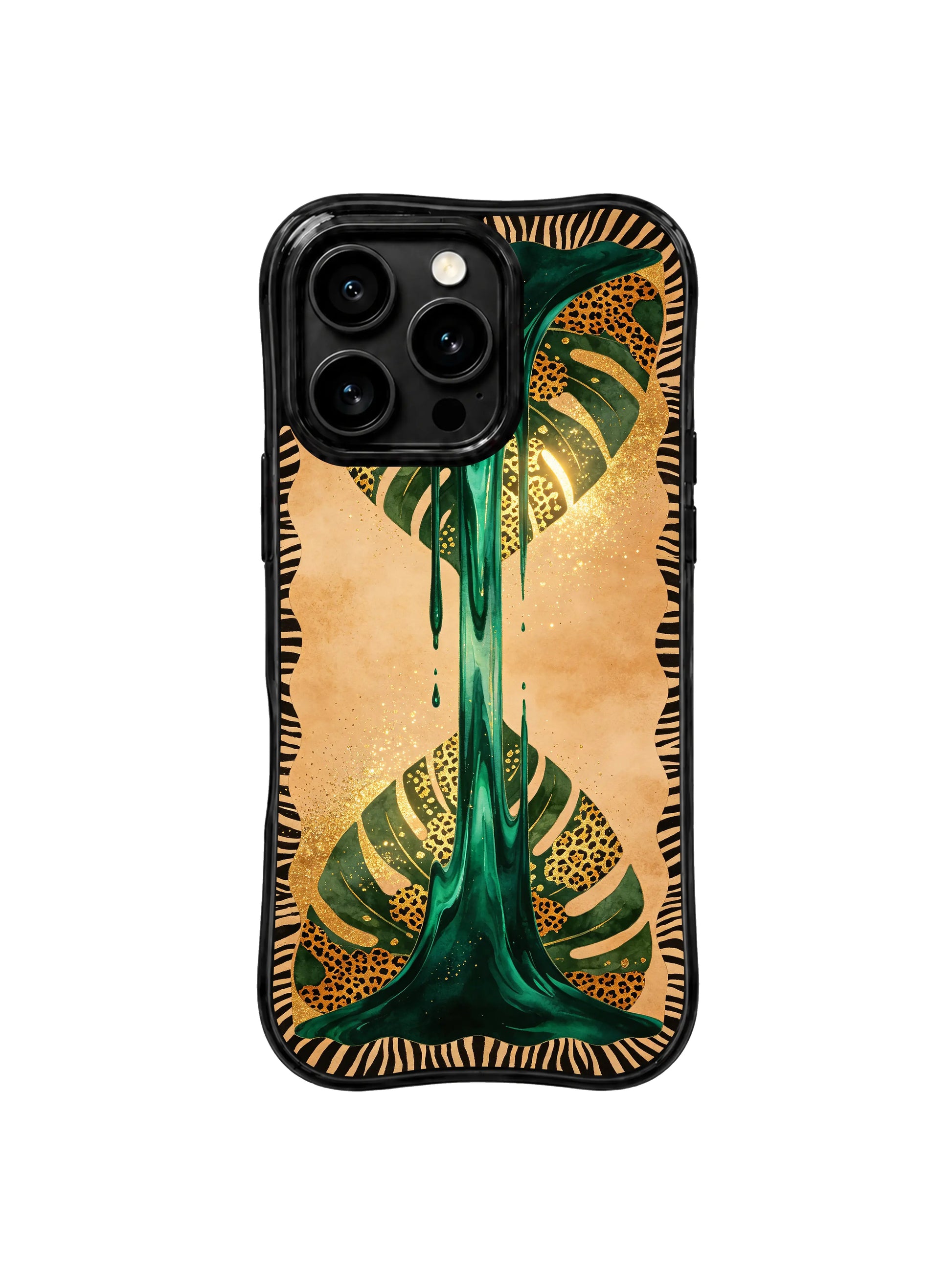 PhoneCasing premium iPhone 15 pro cover compatible with iPhone 15 pro max, held in hand showing elegant oasis leopard design, non-slip quiet luxury phone casing.