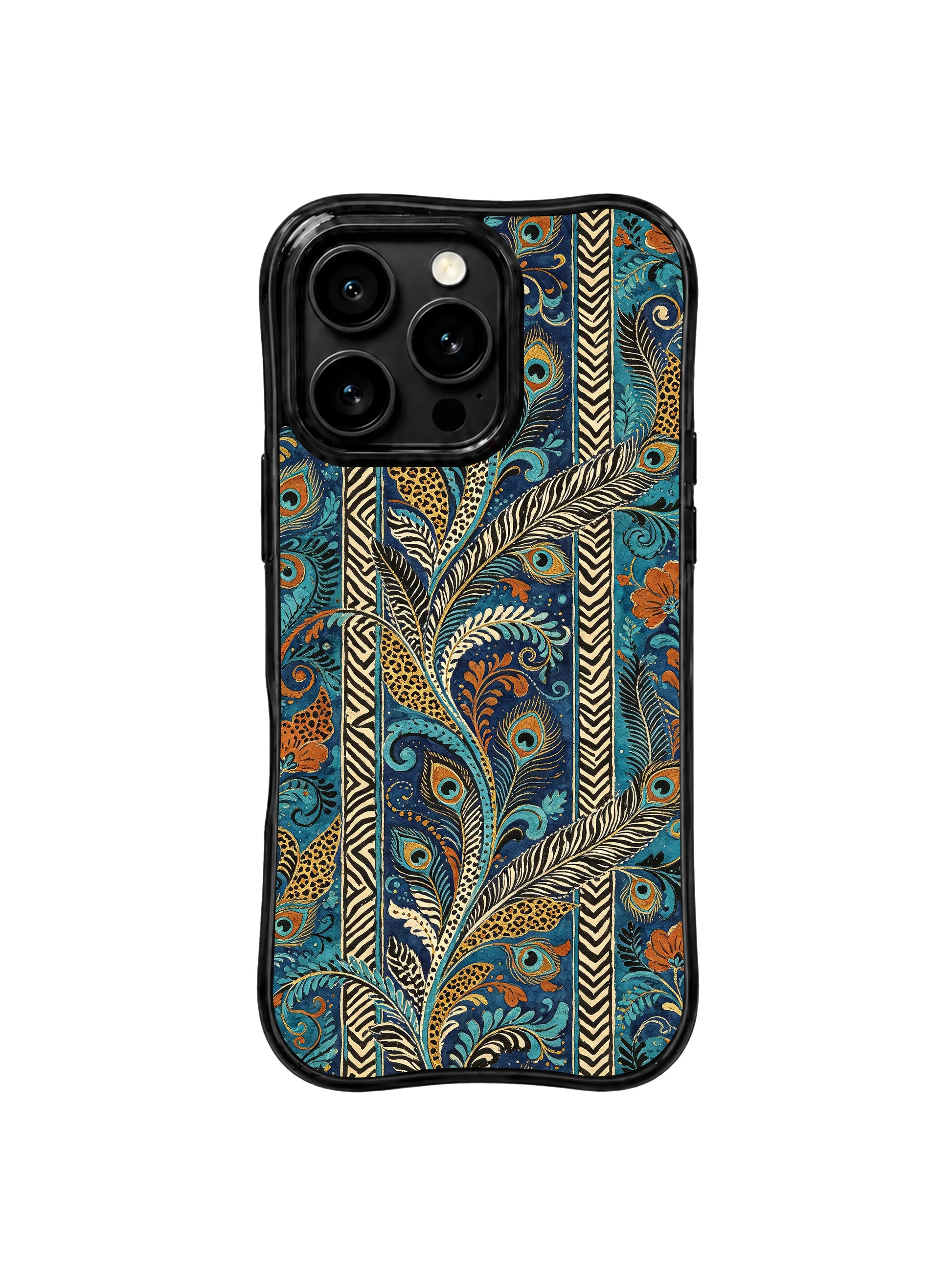 PhoneCasing iPhone 15 pro max cover in natural light, showing iridescent peacock feather shift, dreamy tropical luxury phone case.