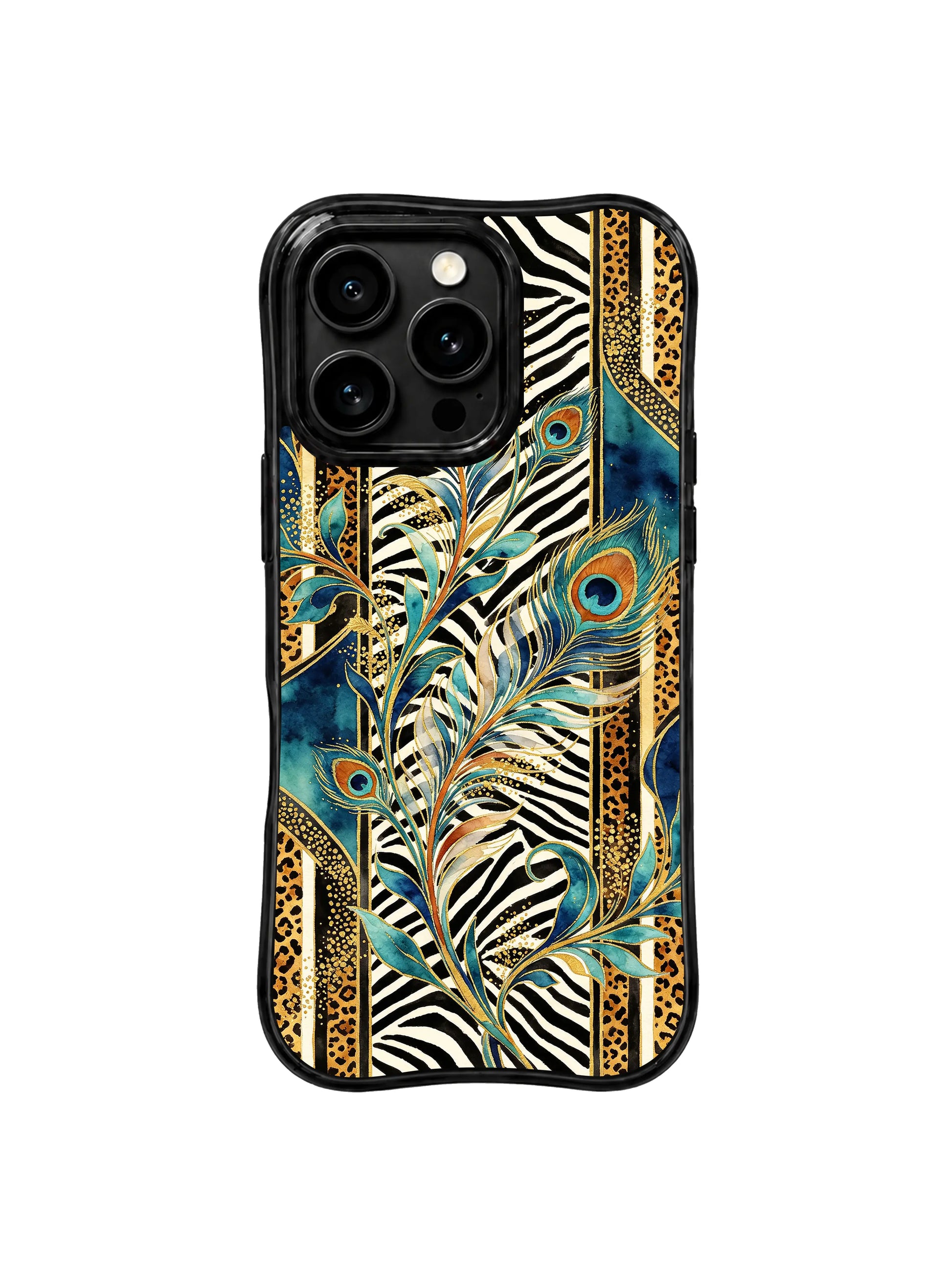 PhoneCasing premium iPhone 15 pro cover compatible with iPhone 15 pro max, held in hand showing dreamy peacock leopard gate design, non-slip luxury phone casing.