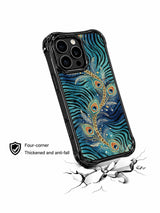 PhoneCasing iPhone 15 pro max cover in travel lifestyle setting, showing dreamy peacock leopard print, vacation-ready art phone case.