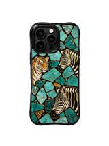 PhoneCasing iPhone 15 pro max cover in natural sunlight, showing rich turquoise gemstone sheen and gold fleck detail, mystical art phone case.