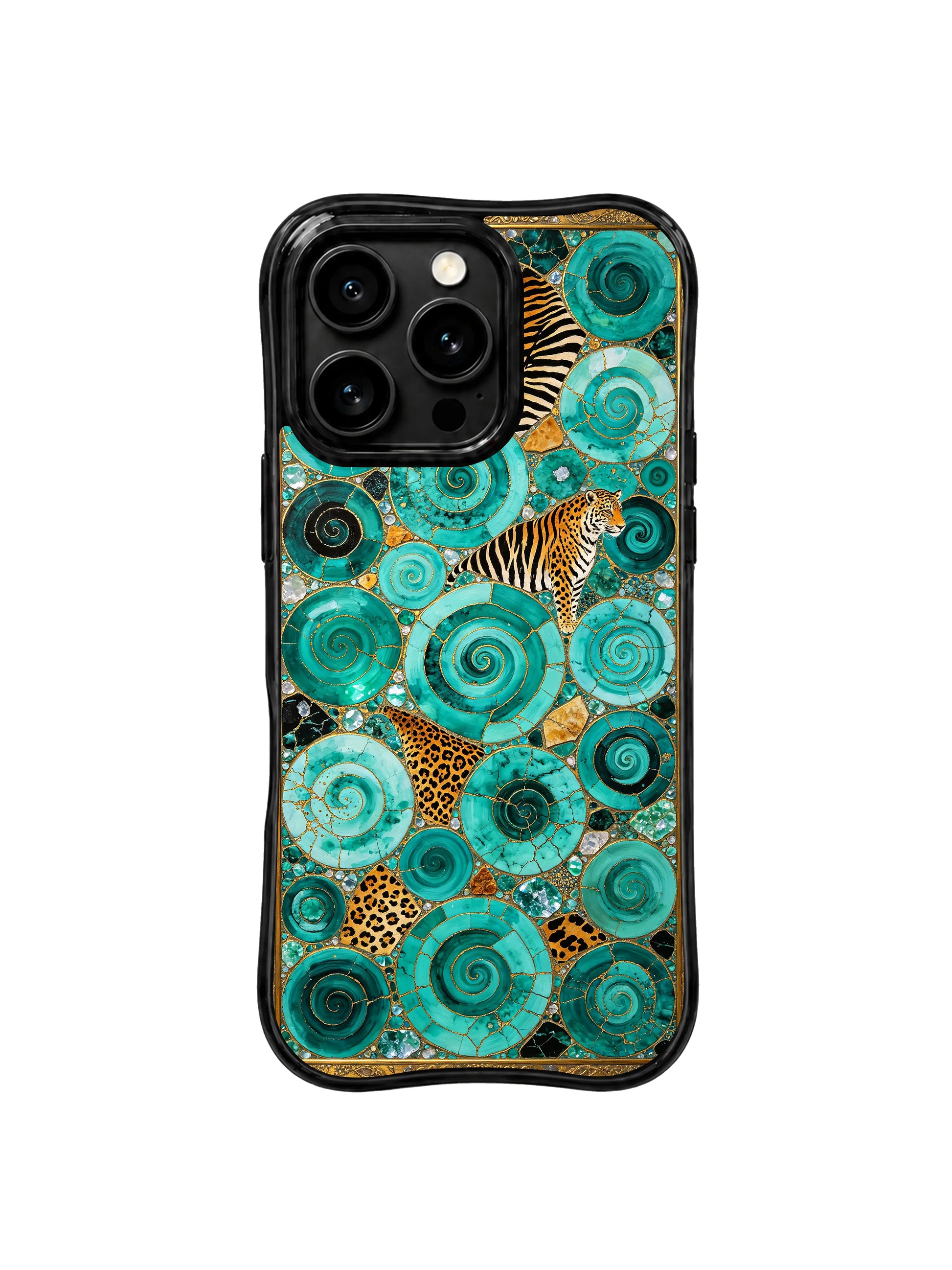 PhoneCasing premium iPhone 15 pro cover compatible with iPhone 15 pro max, held in hand showing dreamy turquoise gold beast print design, non-slip exotic luxury phone casing.