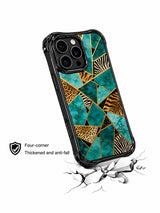 PhoneCasing iPhone 15 pro max cover in travel lifestyle setting, showing dreamy turquoise gold beast print, vacation-ready art phone case