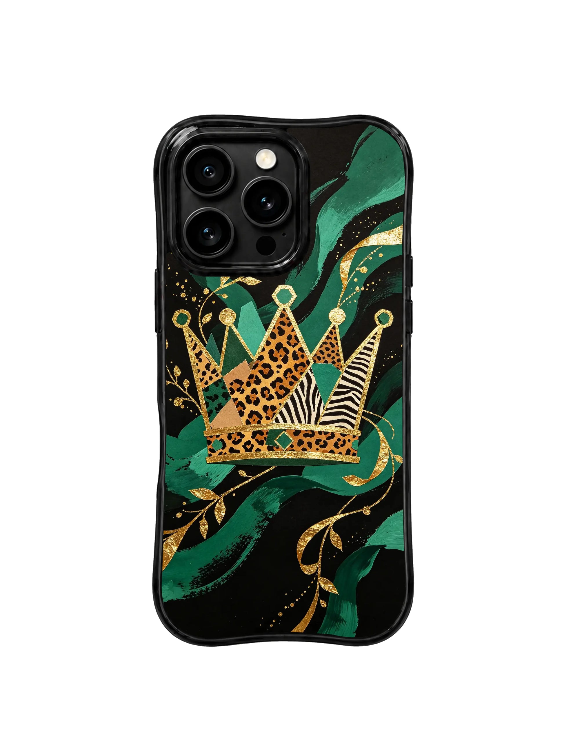 PhoneCasing iPhone 15 pro max cover in event lifestyle setting, showing regal wild crown print, event-ready luxury art phone case.