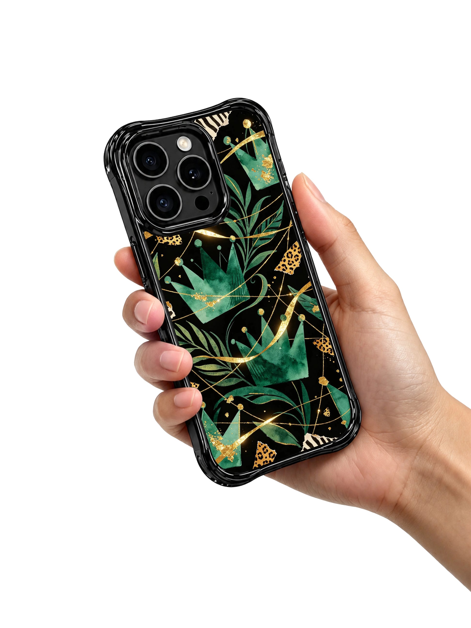 PhoneCasing premium iPhone 15 pro cover compatible with iPhone 15 pro max, held in hand showing regal wild crown design, non-slip luxury power phone casing.