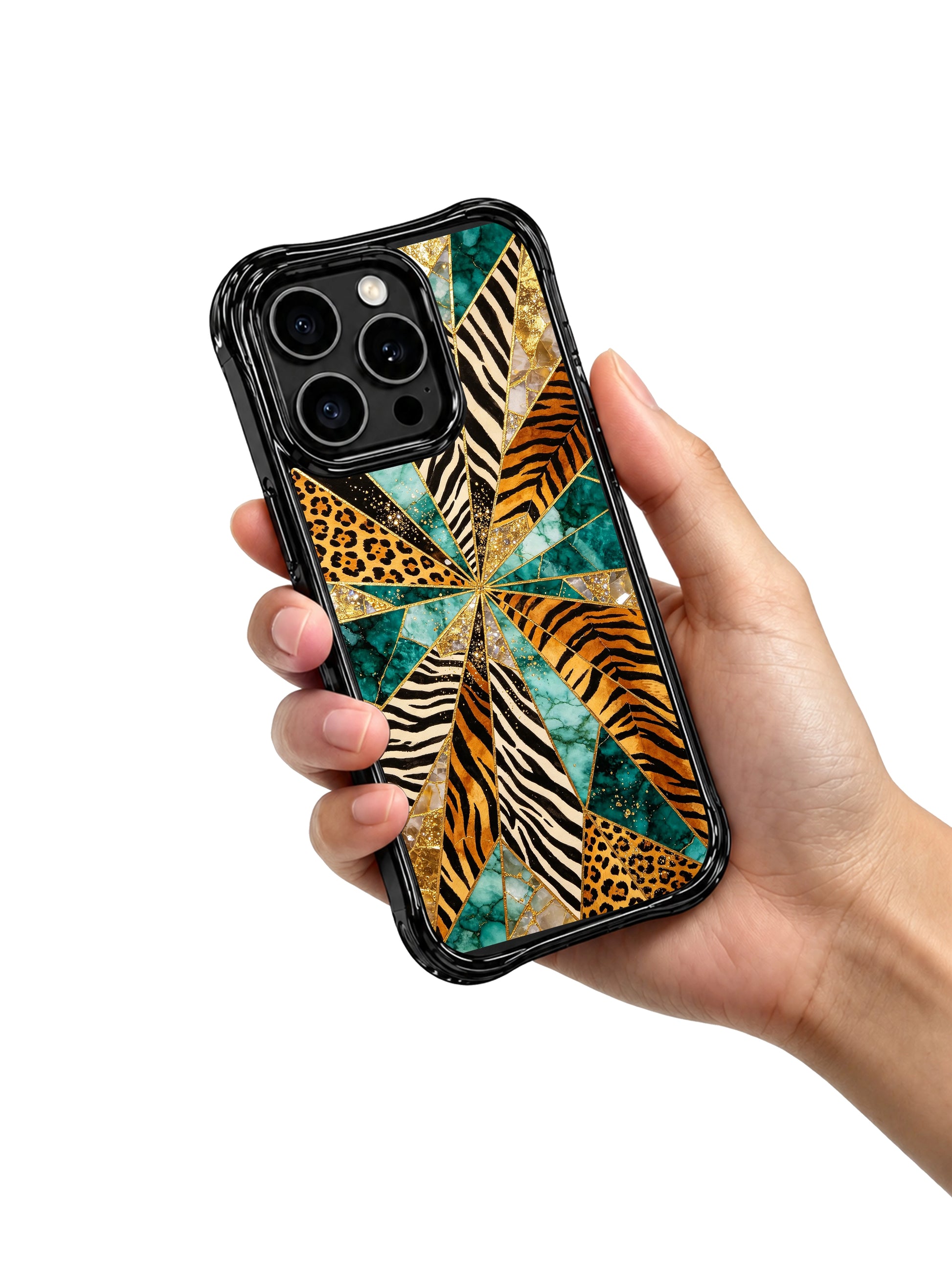PhoneCasing premium iPhone 15 pro cover compatible with iPhone 15 pro max, held in hand showing luxury wild gem facet design, non-slip art jewelry phone casing.