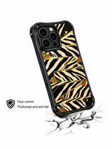 PhoneCasing iPhone 15 pro max cover in work commute lifestyle setting, showing sleek zebra gold foil staircase print, everyday modern art phone case.