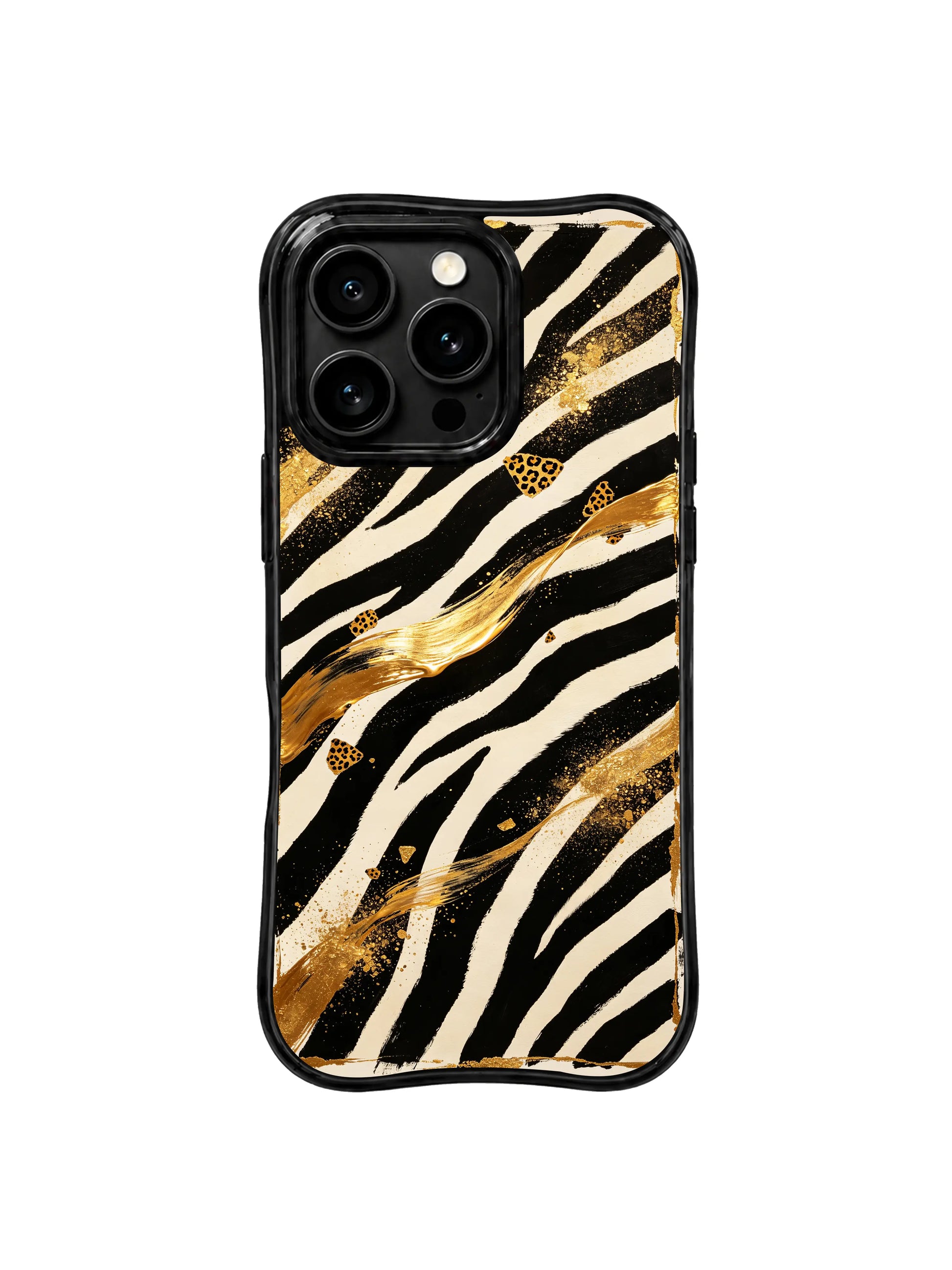 PhoneCasing iPhone 15 pro max cover with night lightning zebra stripe and gold wave design, dark edgy aesthetic phone casing.