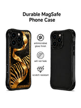 PhoneCasing iPhone 15 pro max phone case with black gold silk ribbon couture art, MagSafe compatible premium casing made in USA.