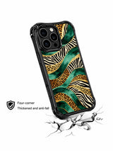 PhoneCasing iPhone 15 pro max phone case with wild emerald leopard and gold river art, MagSafe compatible premium casing made in USA.