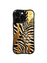 PhoneCasing iPhone 15 pro max phone case with geometric zebra and gold foil staircase art, MagSafe compatible premium casing made in USA.