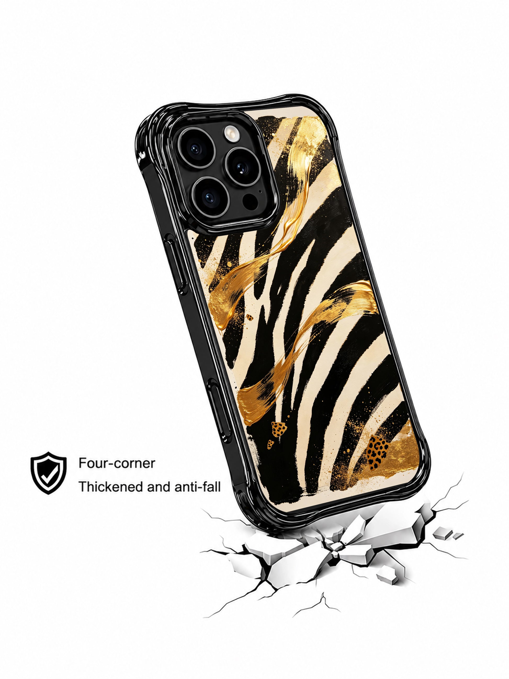 PhoneCasing iPhone 15 pro max phone case with monochrome zebra and gold wave art, MagSafe compatible premium casing made in USA.