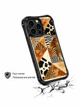 PhoneCasing iPhone 15 pro max phone case with layered leopard patchwork collage art, MagSafe compatible premium casing made in USA.
