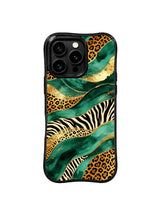 PhoneCasing iPhone 15 pro max phone case with MagSafe compatibility, emerald leopard gold river luxury print, 10ft drop protection.