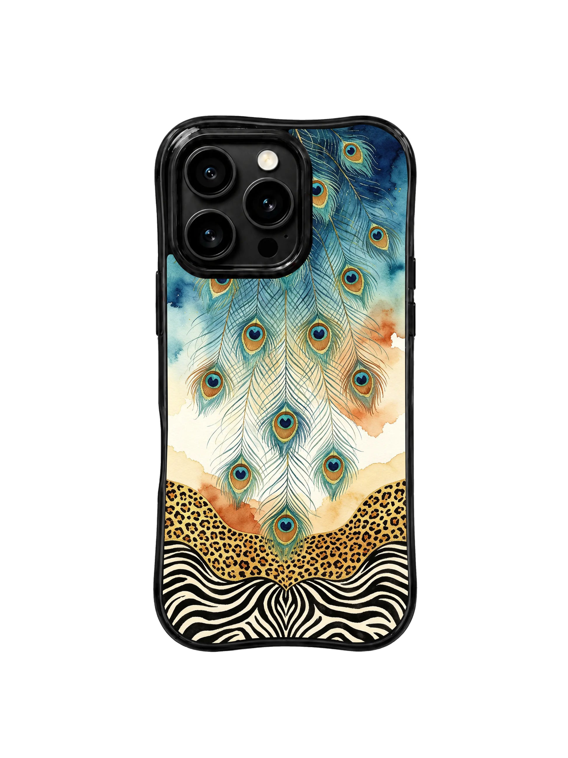 PhoneCasing iPhone 15 pro max phone case with MagSafe compatibility, iridescent peacock and gold leopard print, 10ft drop protection.